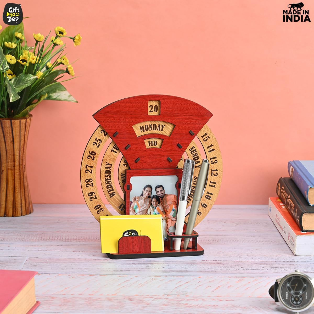 GKD Wooden Desk/Table Calendar to Lifetime Infinite Calendar 2025 with Desk Organizer and Photo Frame for Office/Home (‎Red)