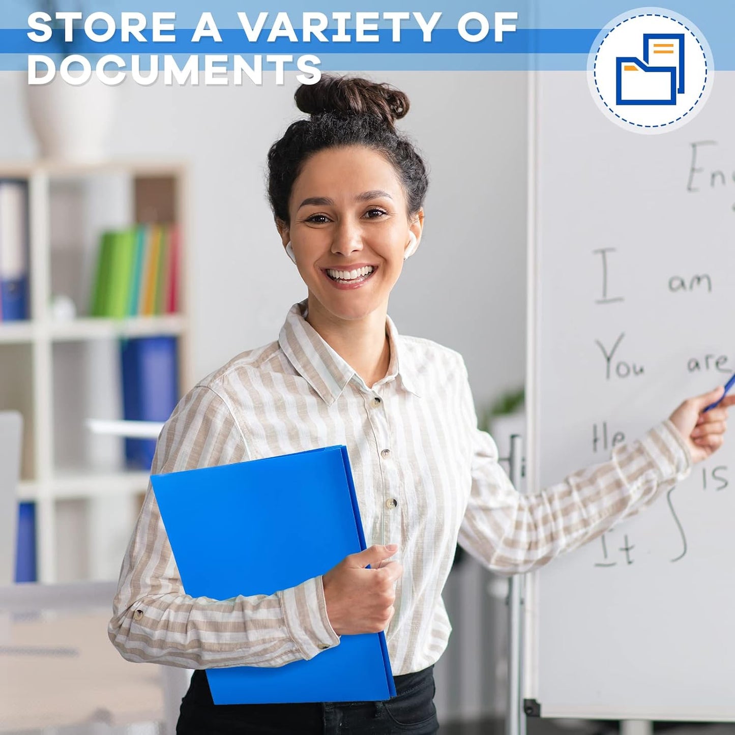 Henoyso 18 Pcs Plastic Folder with Clear Front Pocket and 3 Prong Plastic Folders with Card Slot Pocket Folders with Prongs for School Office (Blue)