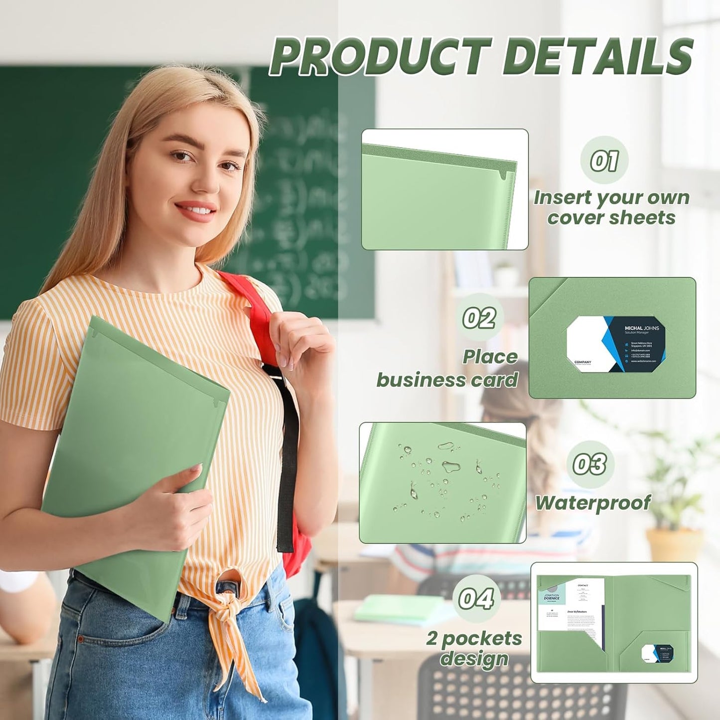 Henoyso 60 Pcs Plastic Folders with Clear Front Pockets Heavy Duty File Folders with 2 Pockets and Card Slot for Student Communication School Office Presentation Report (Sage Green)