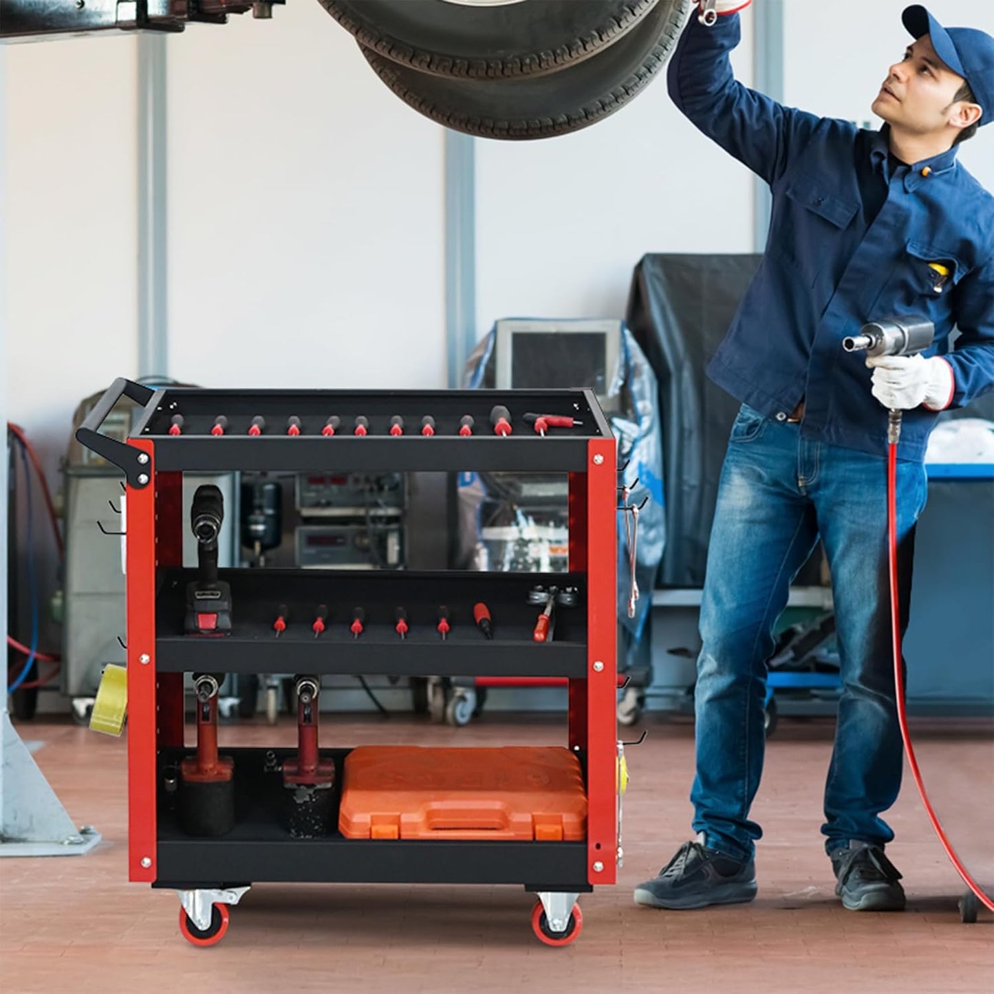 3 Tier Rolling Tool Cart on Wheels, 660LBS Load Capacity Heavy Duty Utility with Pegboard for Repair Shop, Garage, Warehouse, Workshop