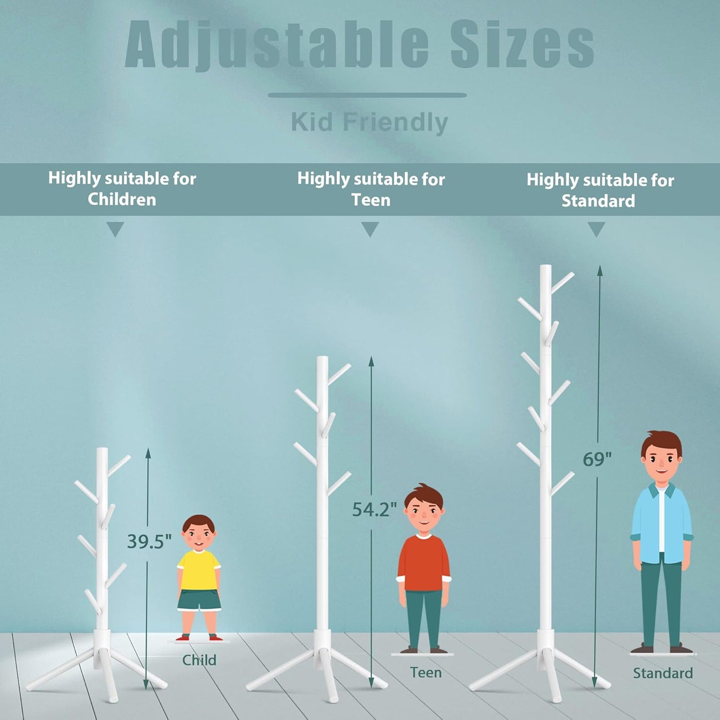 Haddockway Wooden Coat Rack Stand with 8 Hooks New Zealand Pine 3 Adjustable Coat Standing Tree Easy Assembly for Coats, Hats, Scarves and Handbags for Entryway, Hallway, Bedroom, Office,2 PCS