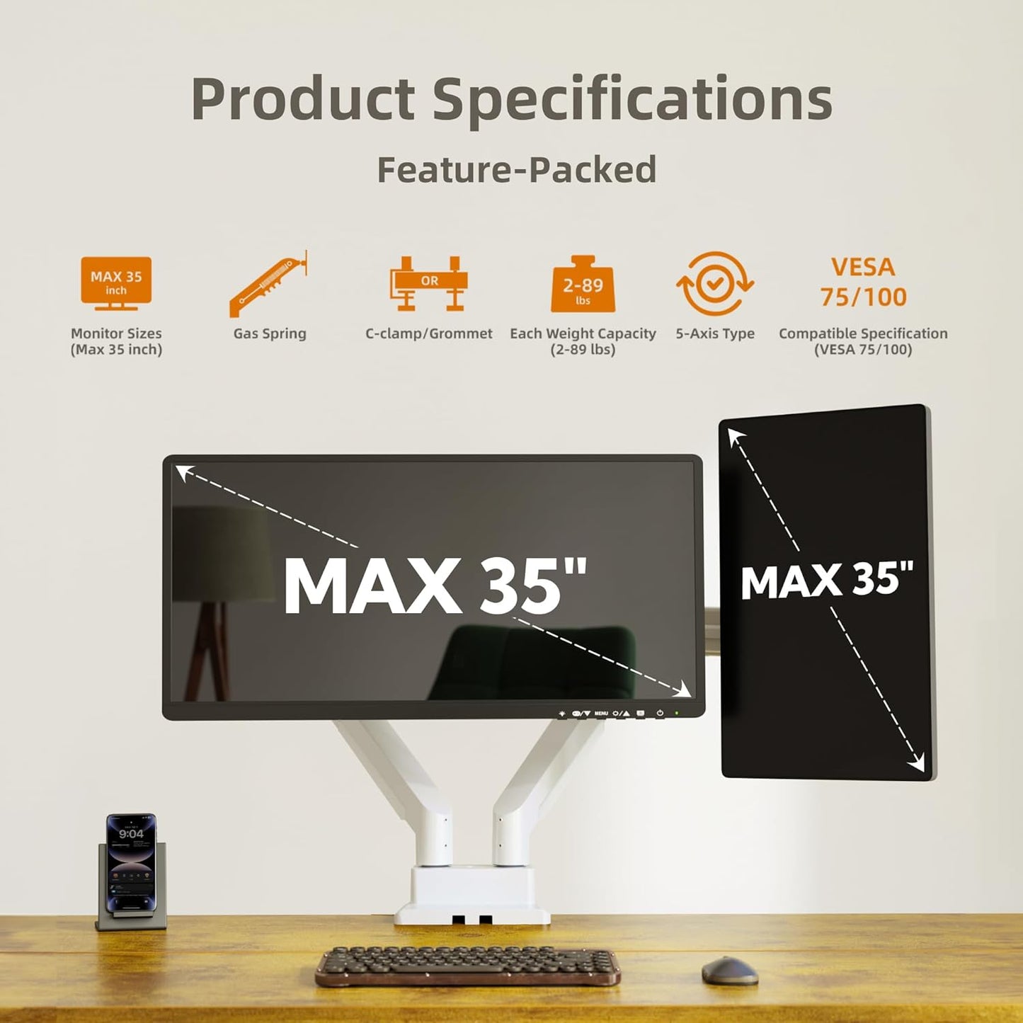 Claiks Dual Monitor Mount for Max 35 inch Screens Stand up to Max 89 lbs, Ergonomic Gas Spring Heavy-Duty Adjustable Monitor Arm, with Clamp and Grommet Base, VESA Mounting Holes 75&100mm, White