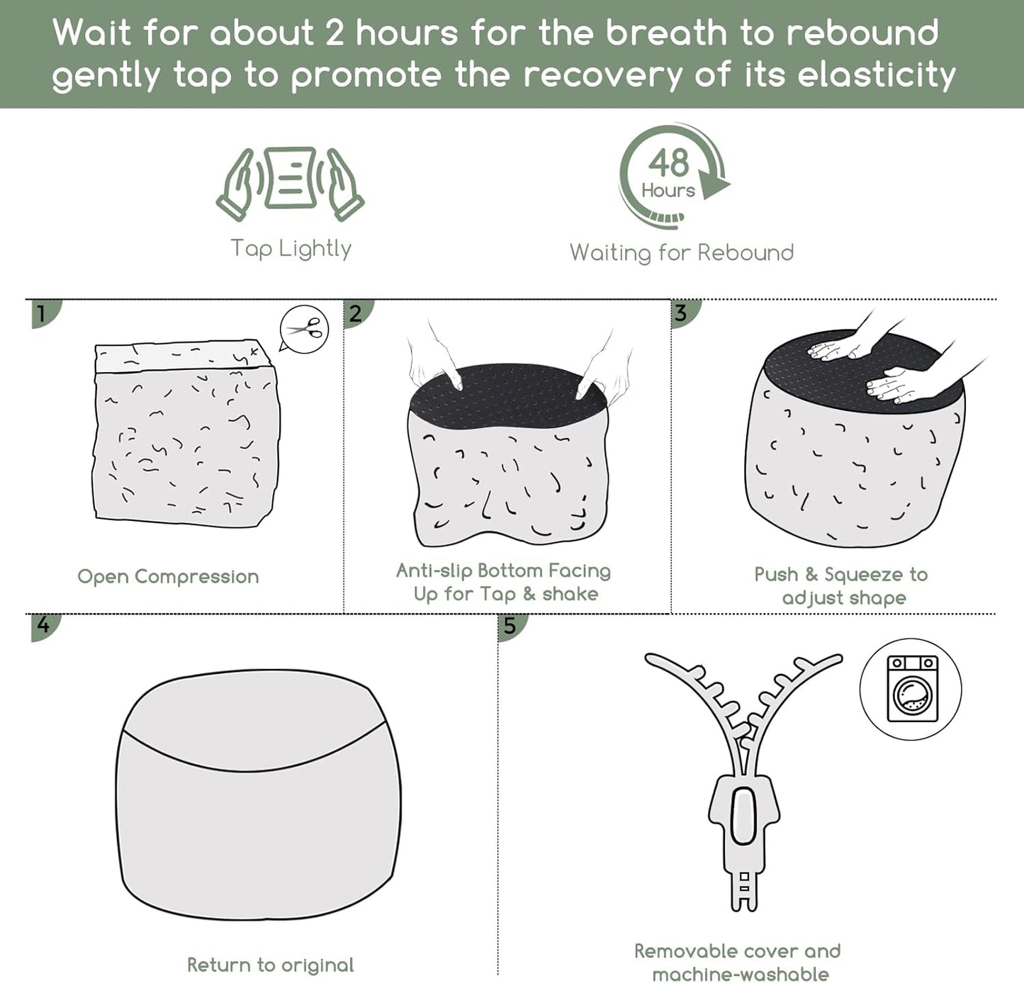 HIGOGOGO Round Stuffed Pouf Ottoman, Long Faux Fur Poufs with Foam Chunk Filling, Fluffy and Furry Pouf Foot Stool Storage Ottoman, 26 X 18 Floor Poufs Foot Rest for Living Room, Green