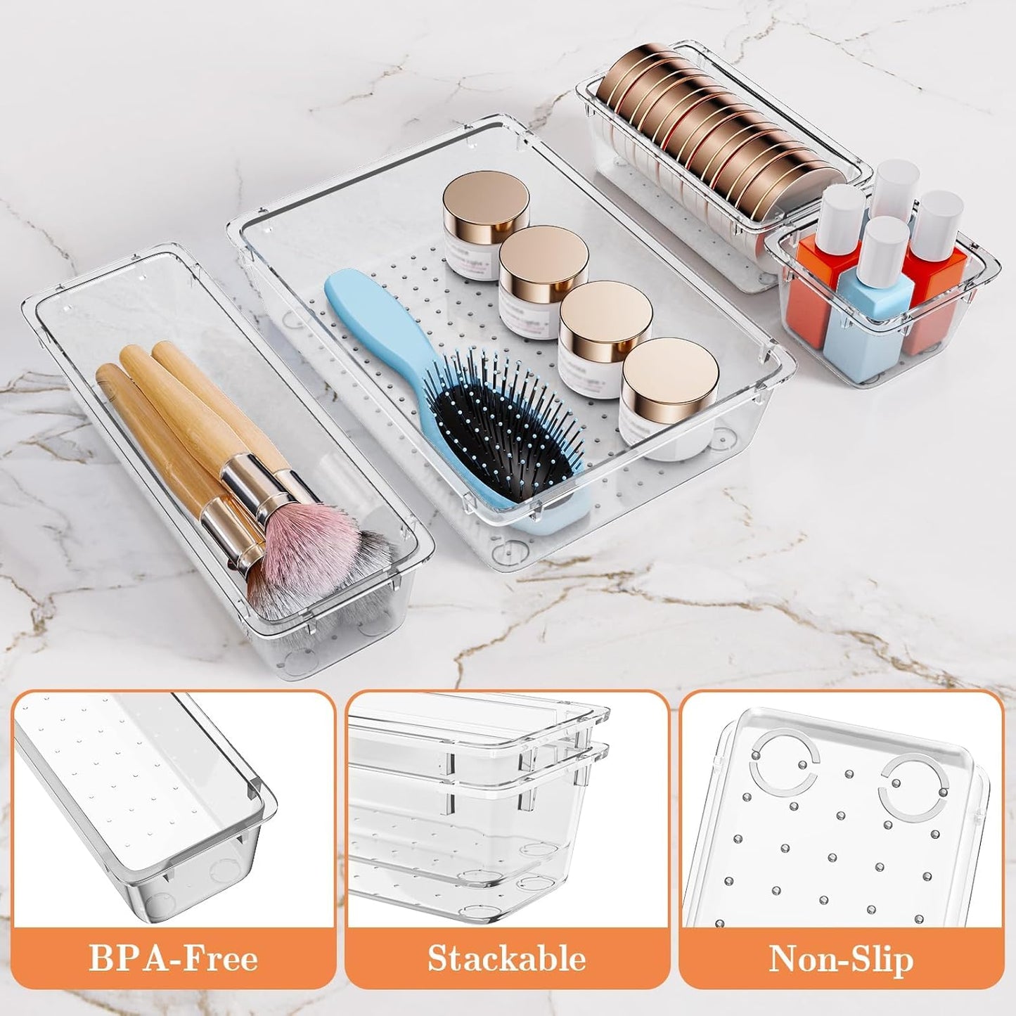 25 PCS Plastic Drawer Organizer Set, 4-Size Versatile Organizer Trays & storage Bins for Makeup, Jewelry, and Gadgets in Bathroom, Bedroom and Office,Clear White
