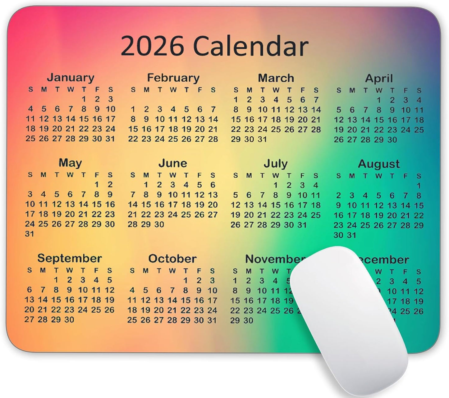 Calendar Mouse Pad, 2026 Color Calendar Gaming Mouse Mat with Custom Design, Non-Slip Rubber Base MousePads for Office Home Laptop Travel, 9.5"x7.9"x0.12" Inch