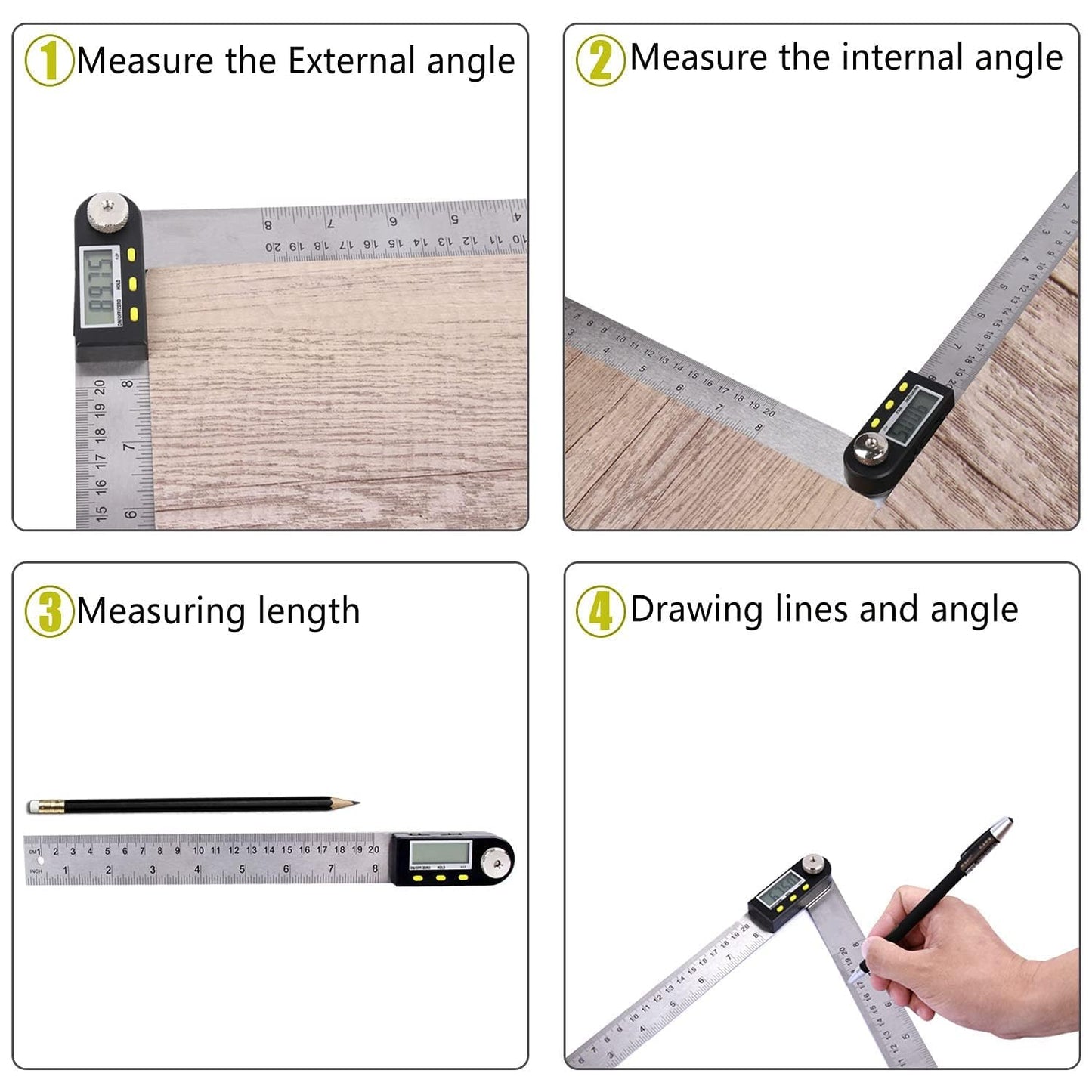 Delgada 8 inch/200mm Digital Angle Finder Ruler - Stainless Steel Protractor for Woodworking and Construction - Battery Included