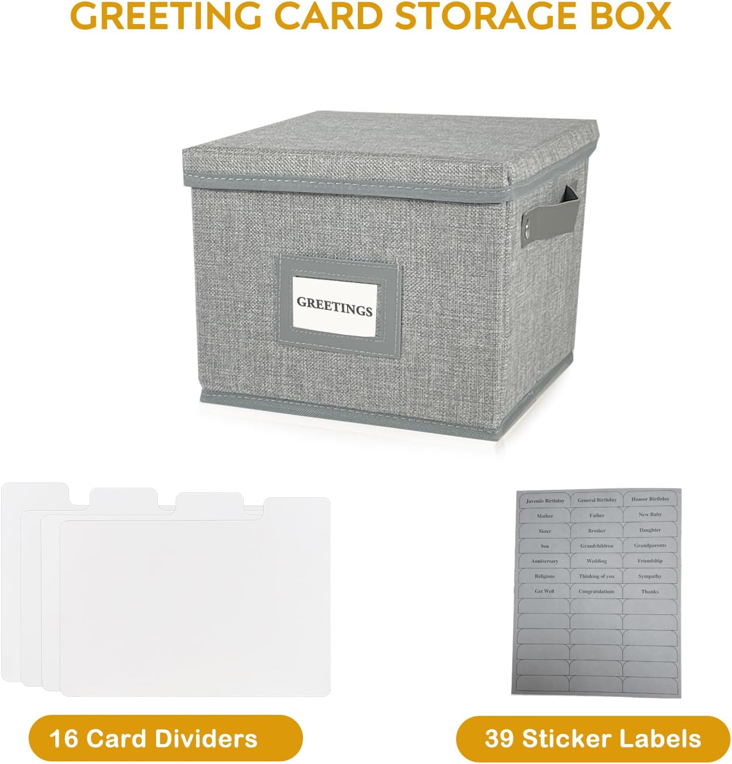 Greeting Card Organizer Box with 16 Dividers,Collapsible Greeting Card Storage Box with Handles Hold 150+ Cards,Greeting Card Holder for Greeting Cards,Sticker, Recipes, Photo, Envelope (Gray, 1 pcs)
