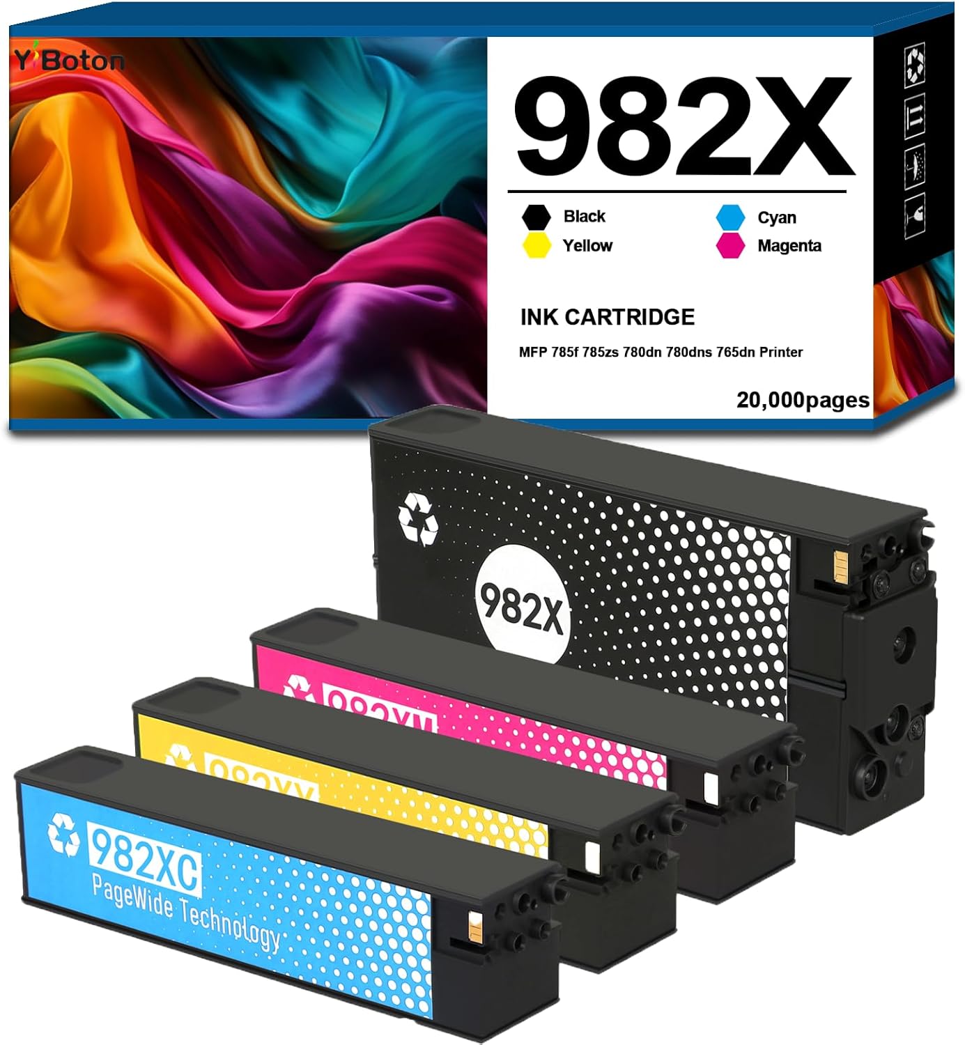 High Yield 982X Ink Cartridge with Chip T0B26A T0B27A T0B28A T0B29A Compatible for HP MFP 785f 785zs 780dn 780dns 765dn Printer Ink(4-Pack Black Cyan Magenta Yellow)