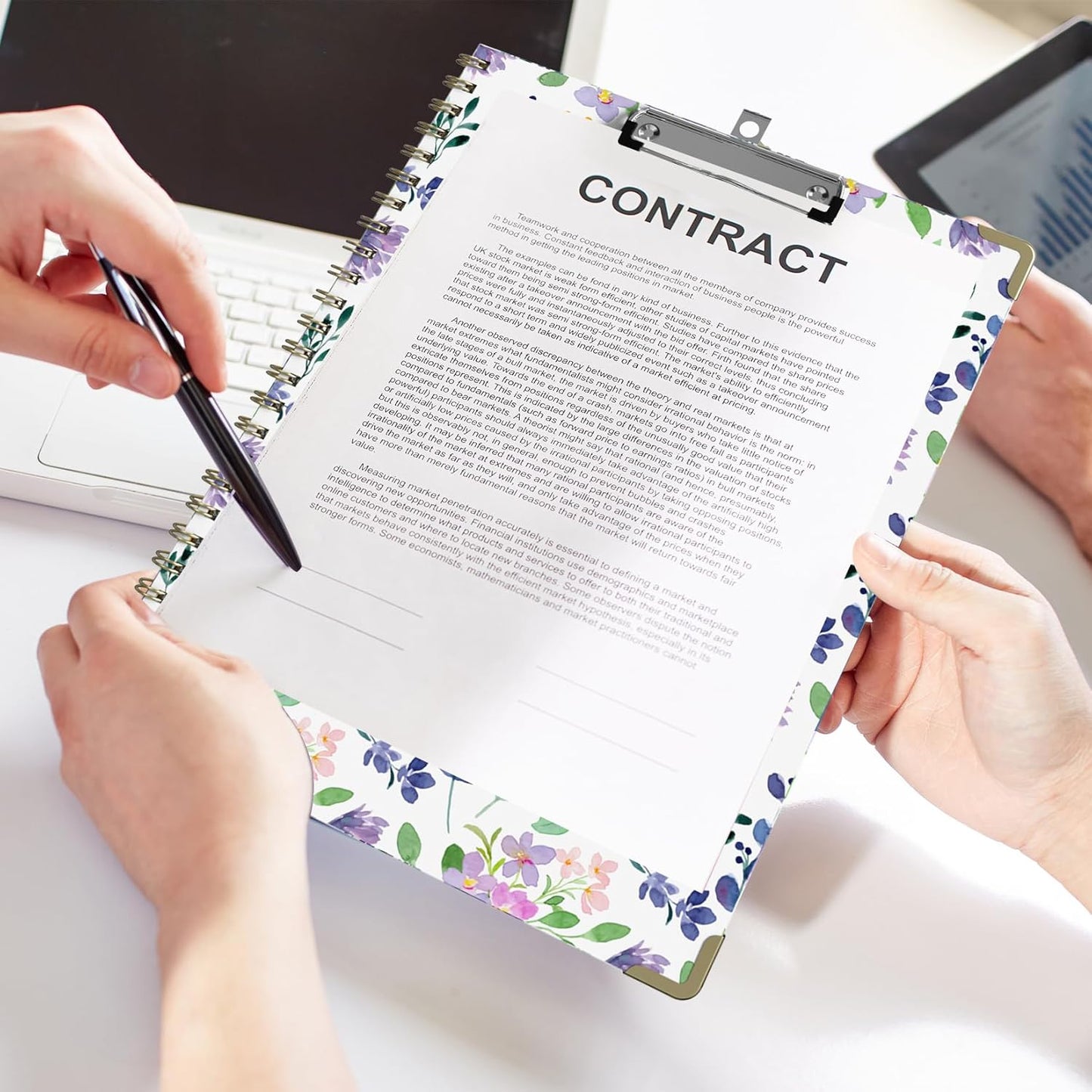 Foldable Clipboard Folio with Storage, 5 Plastic Folders with 10 Pockets,Refillable Lined Notepad (11" x 8.5"), Hardcover Project Organizer Nursing Teacher School Essentials(Purple Florals)