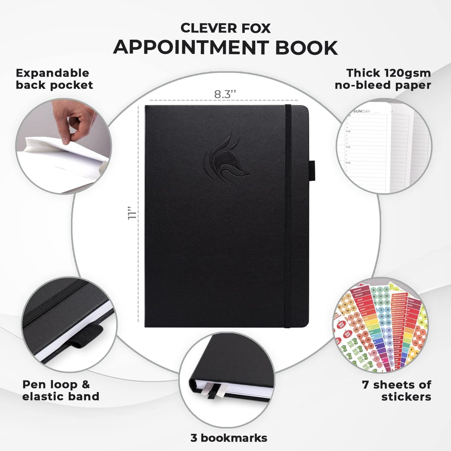 Clever Fox Appointment Book – Hourly Schedule Planner with 15-Minute Increments – Time Box Planner for Daily Work & To-Dos – Weekly & Monthly Spreads, Undated, Hardcover, 8.3x11″ (Black)