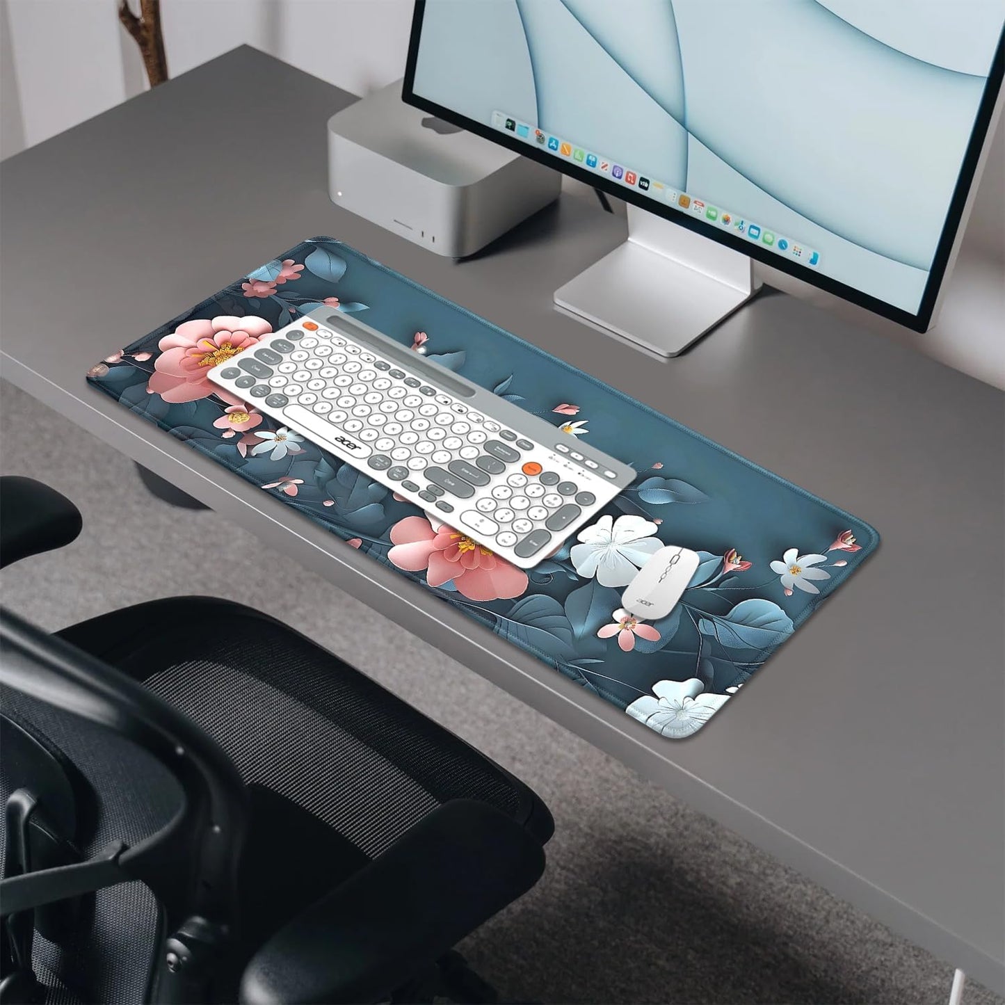 Blue Art Flowers Mouse Pad,Extended Abstract Floral Mousepad Desk Pad with Stitched Edges,Non-Slip Waterproof Rubber Base Mouse Mat for Office Computer Keyboard Laptop Home(27.5x11.8 in)