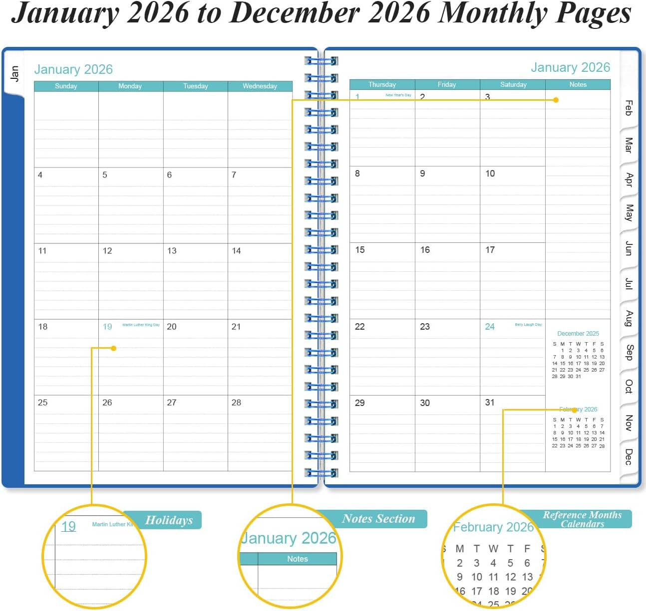 2026 Planner - Planner 2026 from January 2026 - December 2026, Weekly & Monthly Planner Spiral Bound with 12 Monthly Tabs, Inner Pocket, 6.4" x 8.5", Blue-B