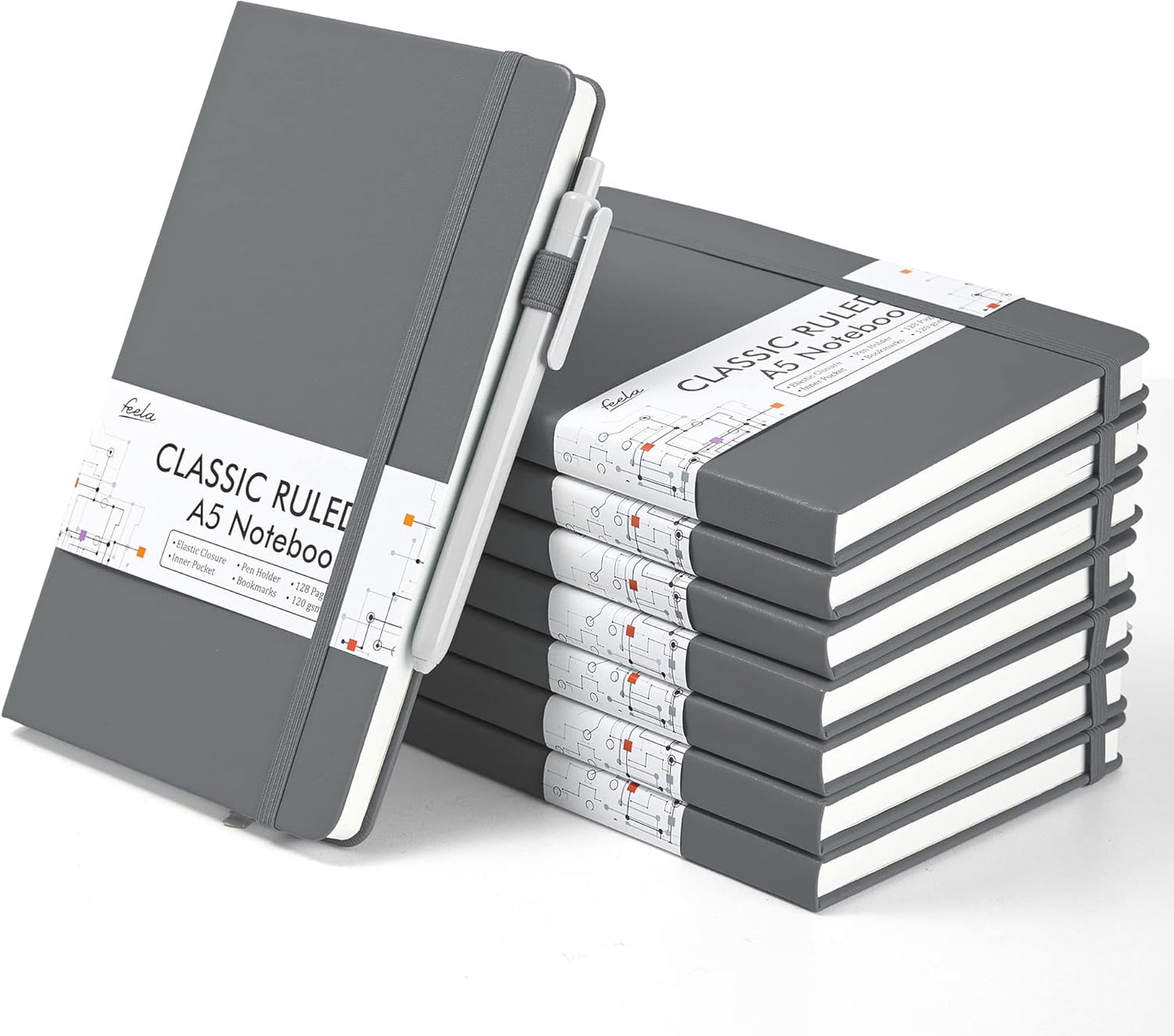 feela 8 Pack Journal Notebook Bulk for School, Hardcover Business Notebooks Classic Ruled Lined Journals with Pen Holder for Work Note Taking, with 8 Black Pens, 120 GSM, 5.1”x8.3”, A5, Gray
