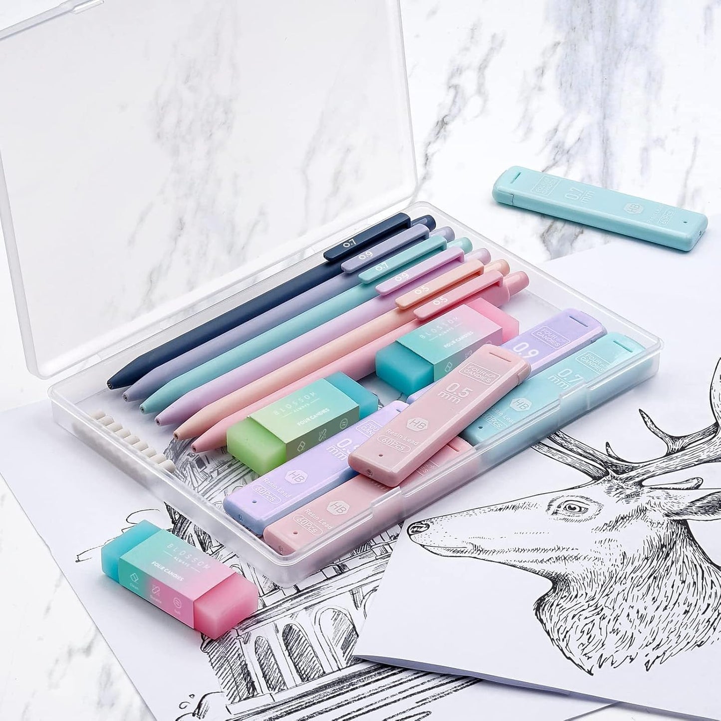 Four Candies Cute Mechanical Pencil Set, 6PCS Pastel Mechanical Pencils 0.5 mm & 0.7mm & 0.9mm with 360PCS Leads, 3PCS Erasers and 9PCS Eraser Refills, Aesthetic Pencils for Girls Writing, Art Drawing