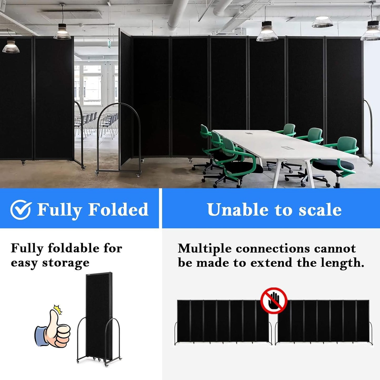 Folding Room Partition,Privacy Room Screen with Arms,Office Dividers Partition Wall,14'3"L* 6'7"H,Black