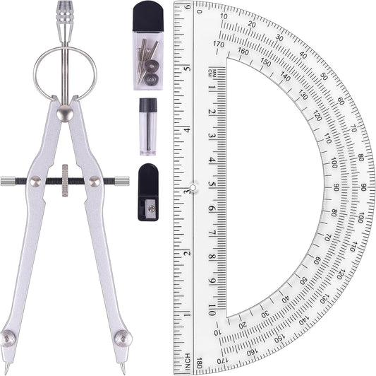 Compass and Protractor Set, Professional Drawing Compass Tool, Metal Compass with Extra Refills, Compass for Geometry and 6 Inch Math Protractors 180 Degree (Silver)