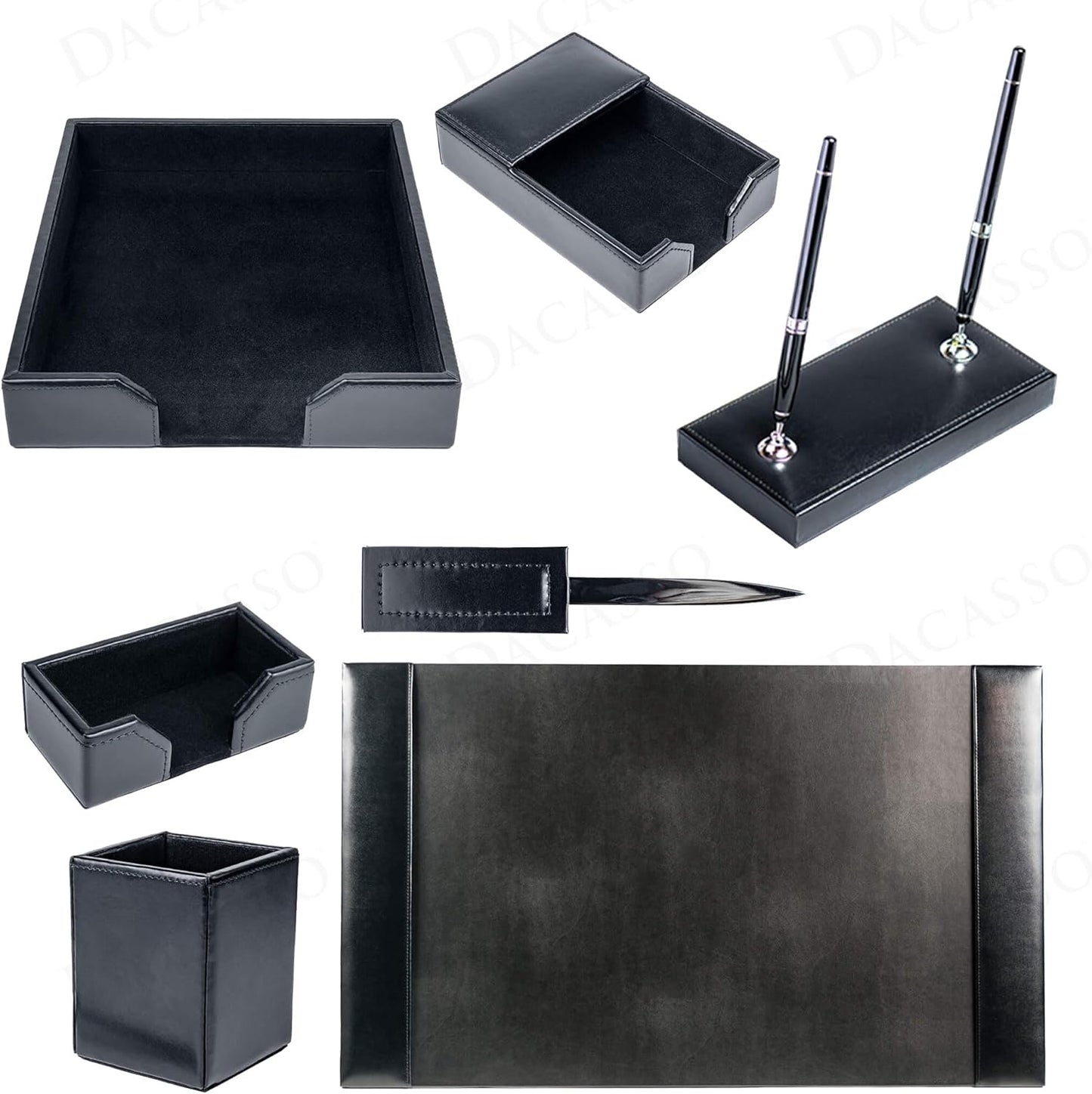 Dacasso Black Bonded Leather Luxury 7 Piece Desk Set - Blotter Pad & Desk Mat Organization Essentials - Executive Decor and Surface Protector