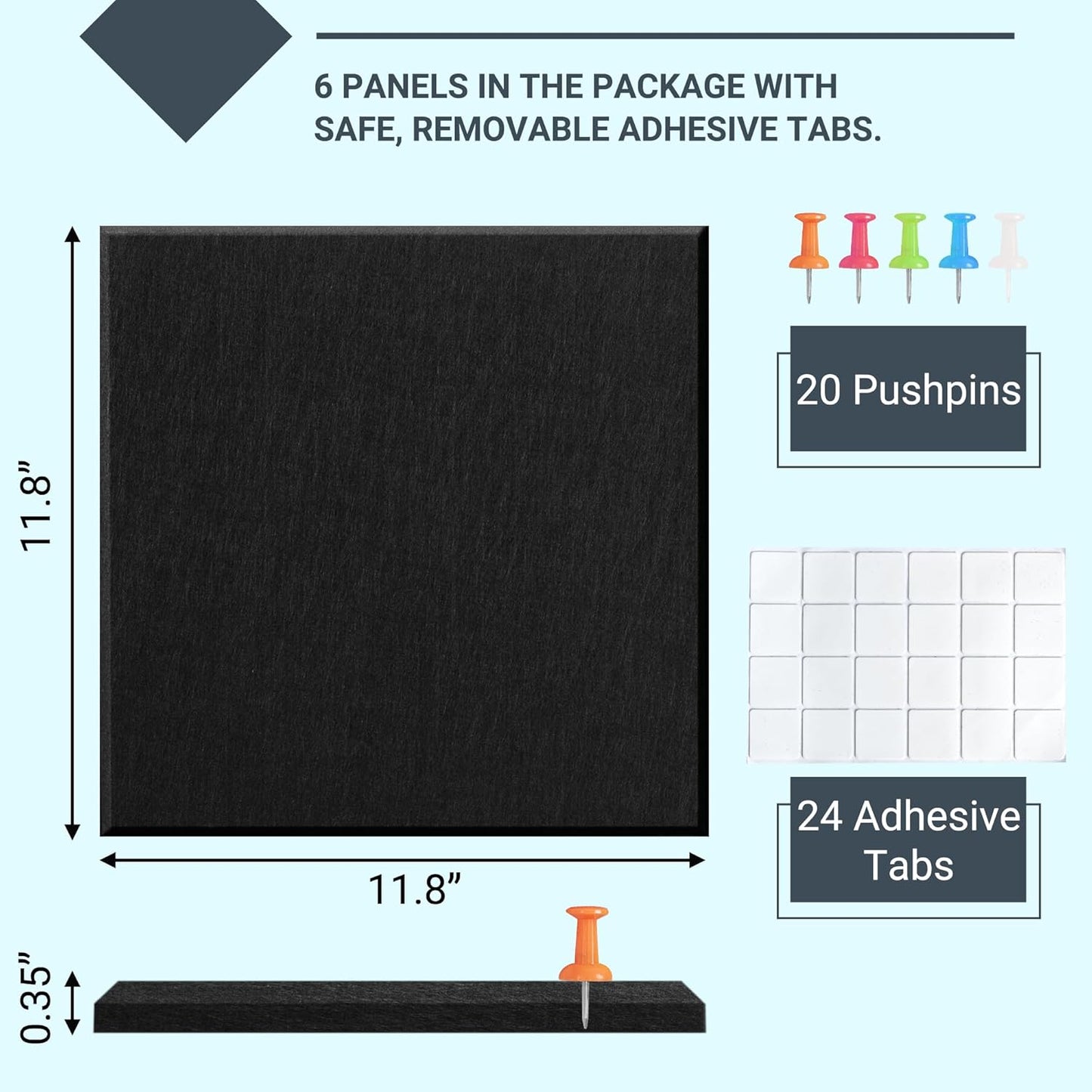 AKTOP Black Cork Bulletin Board 24"x36", 6 Pack Removable Felt Cork Board Tiles for Wall, Large 2 x 3 Bulletin Board Notice Pin Board for Office, School & Home, 24 Safe Adhesive Tabs, 20 Pushpins