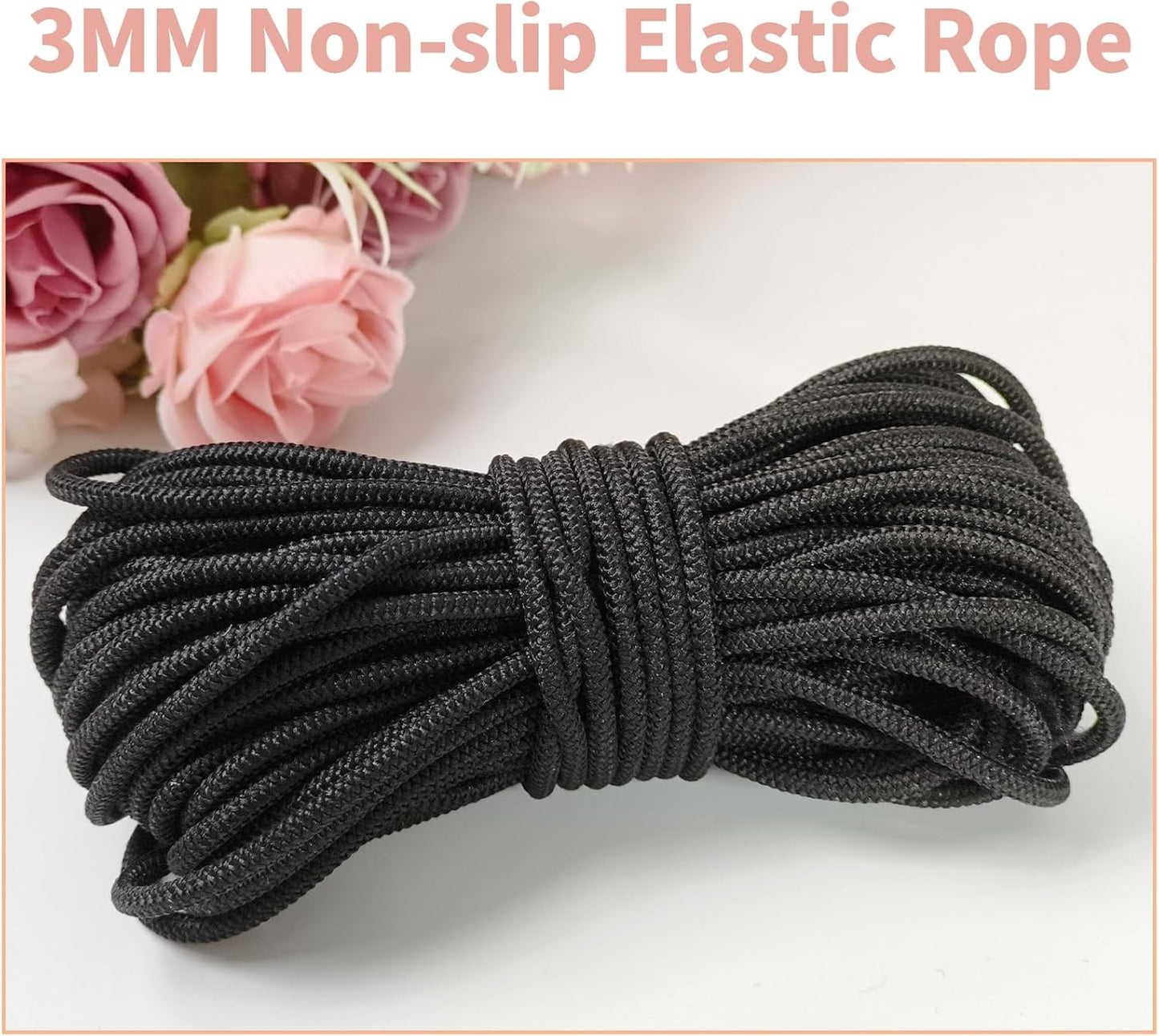 3mm Black Elastic Cord 45ft - 1/8 inch Strong No-Slip Bungee String for Crafts, DIY Projects, Kayak Tie Downs, Camping Gear, Sports Gear, DIY Crafts, Hair Bands, Sewing & Shoe Laces