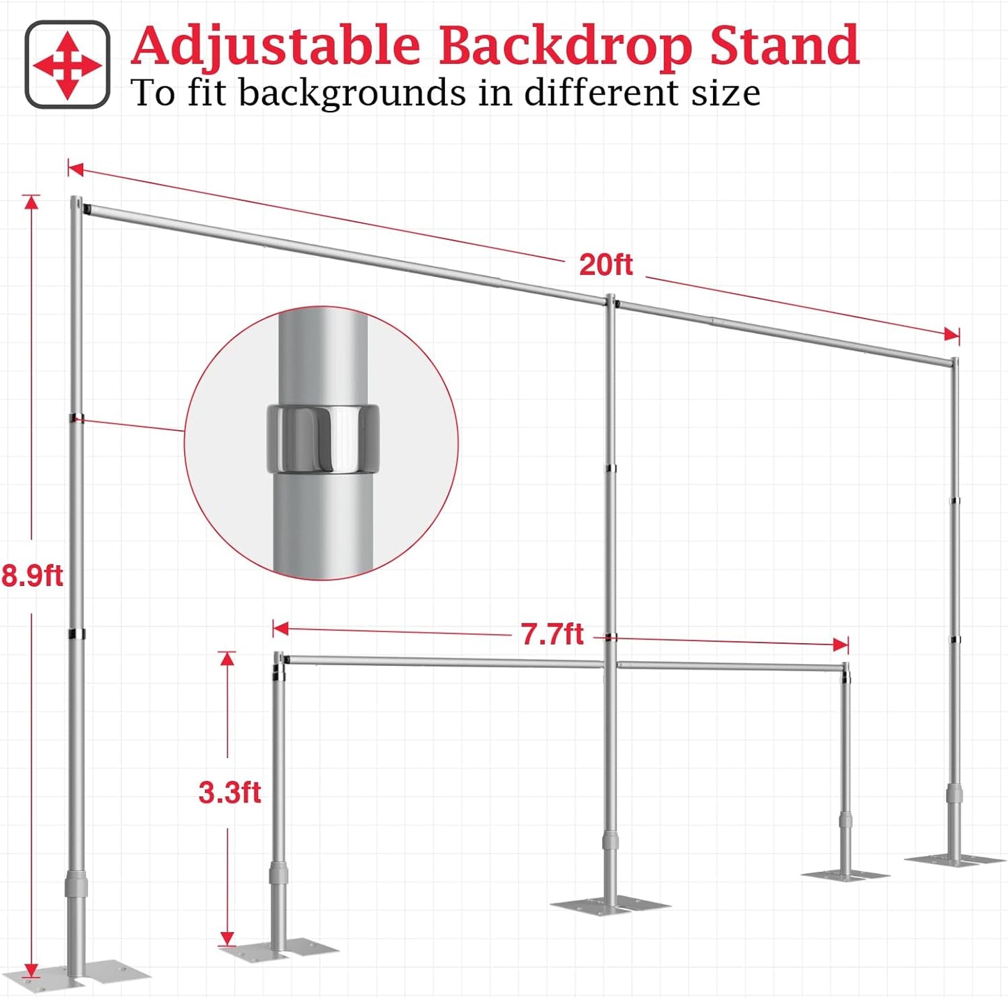 EMART Backdrop Stand Heavy Duty 8.9ftx20ft, Adjustable Pipe and Drape Photo Background Support Kit, Metal Frame with Flat Base for Wedding Birthday Party Banquet Decorations