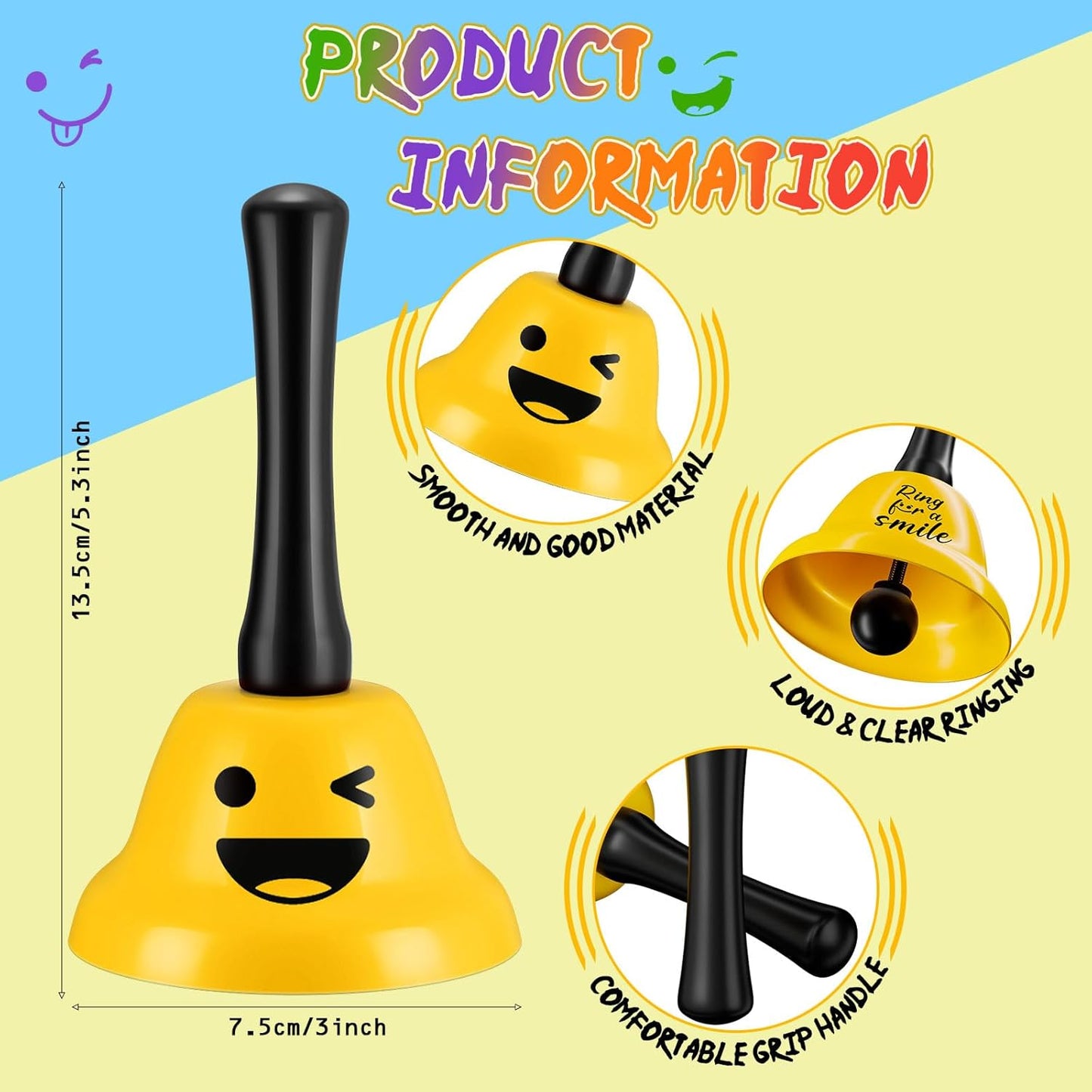 6 Pcs Call Bell Ring Service Hand Bell Smile Ringing for Desk Classroom Hotel Counter Reception Restaurant Food Line, Wedding Events(6 Color)