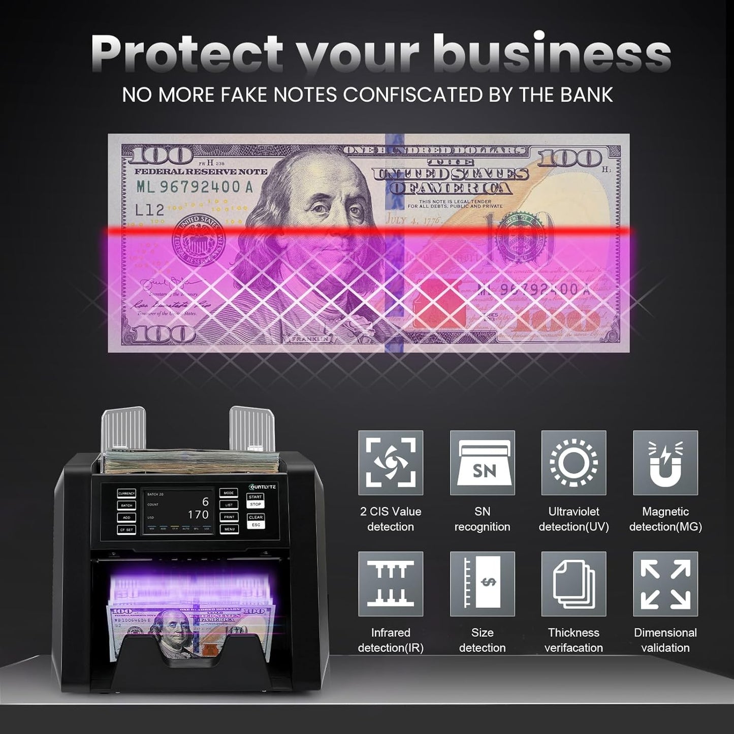 C-N70A Mixed Denomination Money Counter Machine,Value Counting,Multi Currency,CIS/UV/MG/IR Counterfeit Detection Bill Counter,Serial Number,Printer Enabled,Touch Screen,Cash Counter