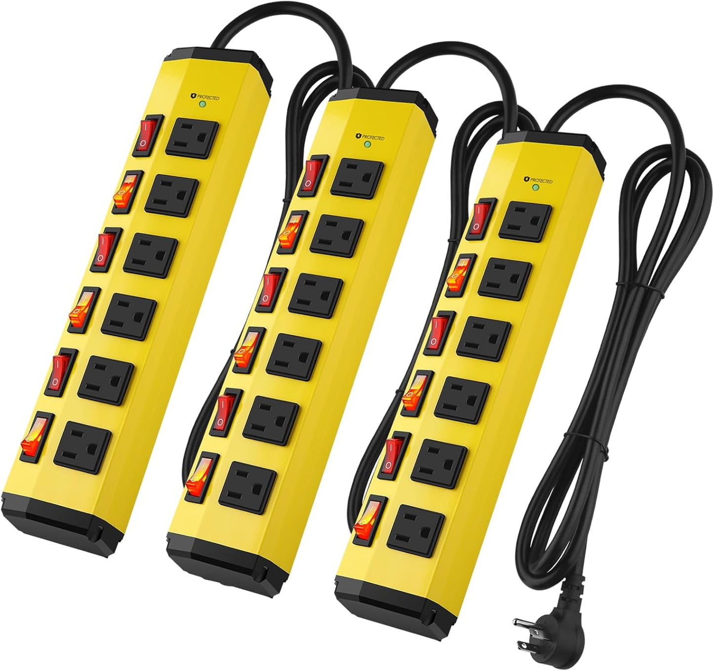 ANNQUAN 3PCS 6 Outlet Metal Power Strip with 6 Individual Switches,Heavy Duty Power Strip 1200J 15A 6FT Cord Home Office Industrial Commercial Shop