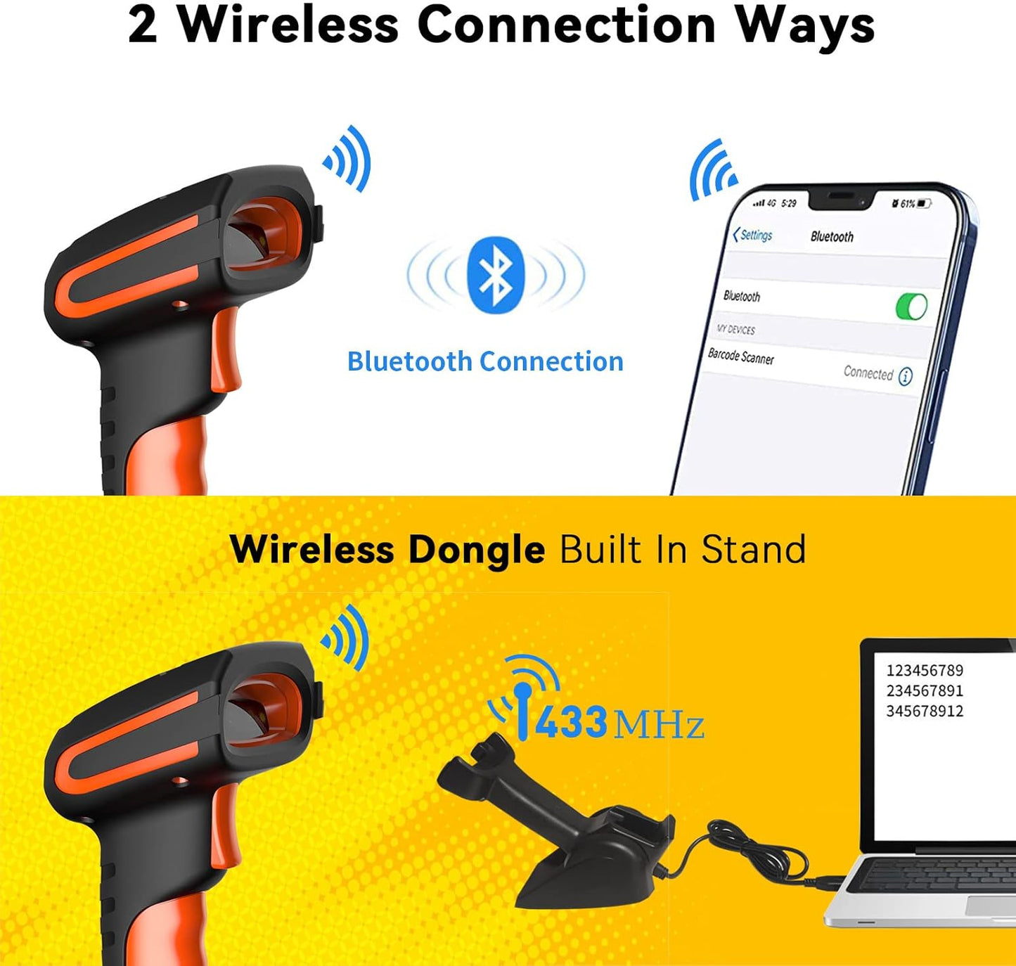 Alacrity Upgraded 2D Industrial Barcode Scanner with Wireless Charging Stand, 1968 Feet Transmission Distance 433Mhz Wireless & Bluetooth 2in1 Barcode Reader, Shock Dust Proof Hands Free, Orange