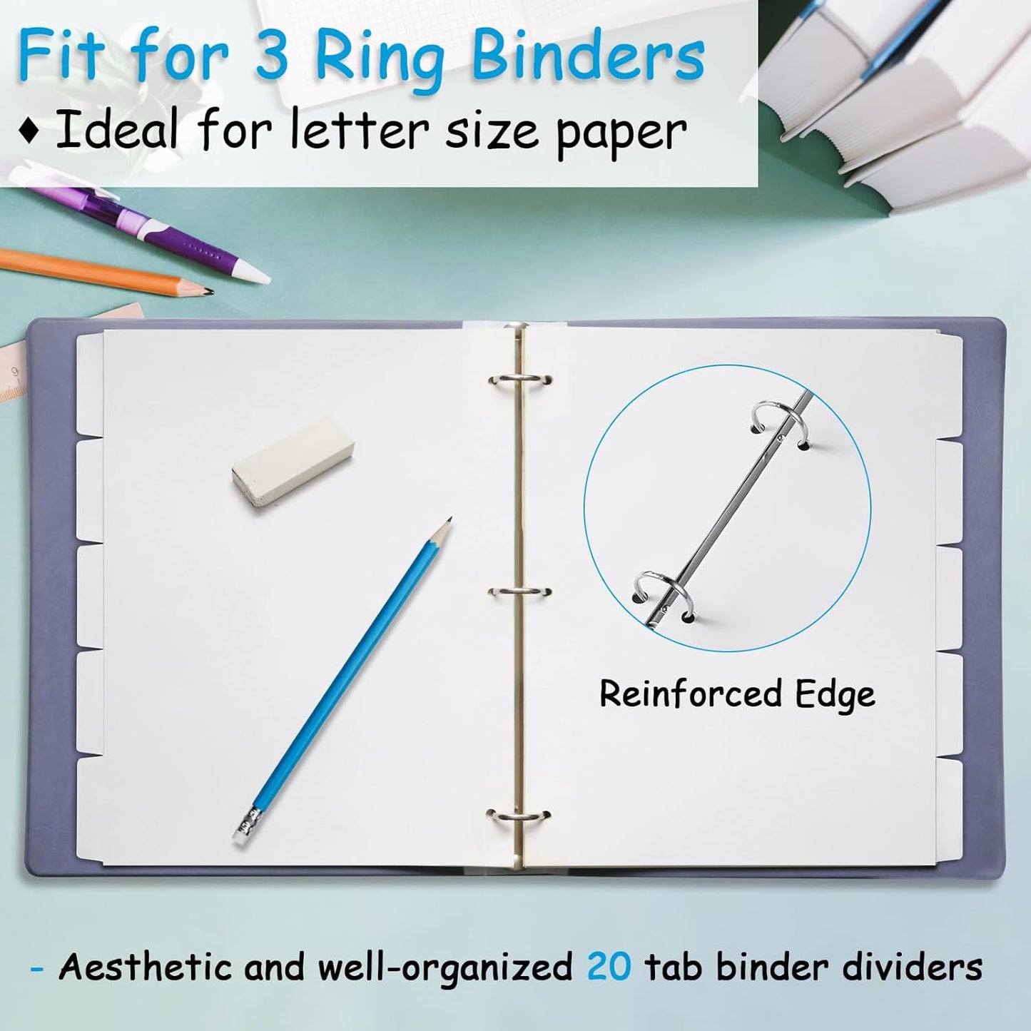 Binder Dividers for 3 Ring Binder, 1/5 Cut Tabs, Letter Size, Blank Write On Page Dividers with 5 Big Tabs for School Office Home, 4 Sets, 20 Dividers, White
