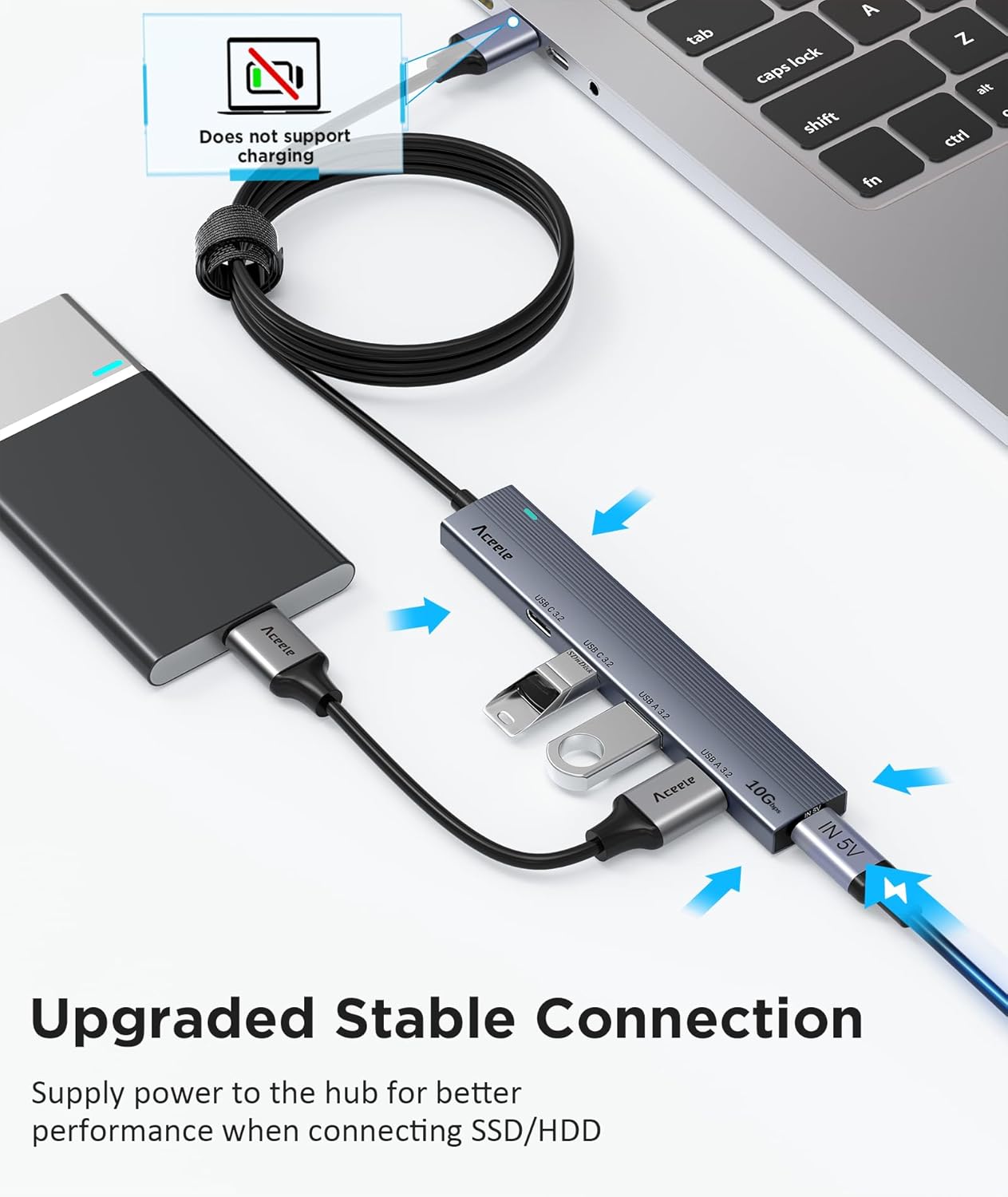 Aceele USB 3.2 Gen 2 Hub with 2 USB-A & 2 USB-C Ports, 10Gbps USB Splitter with 4ft Long Cable, USB Data Extented with 5V3A Type-C Power Port, Compatible for Laptop, iMac Laptop and More