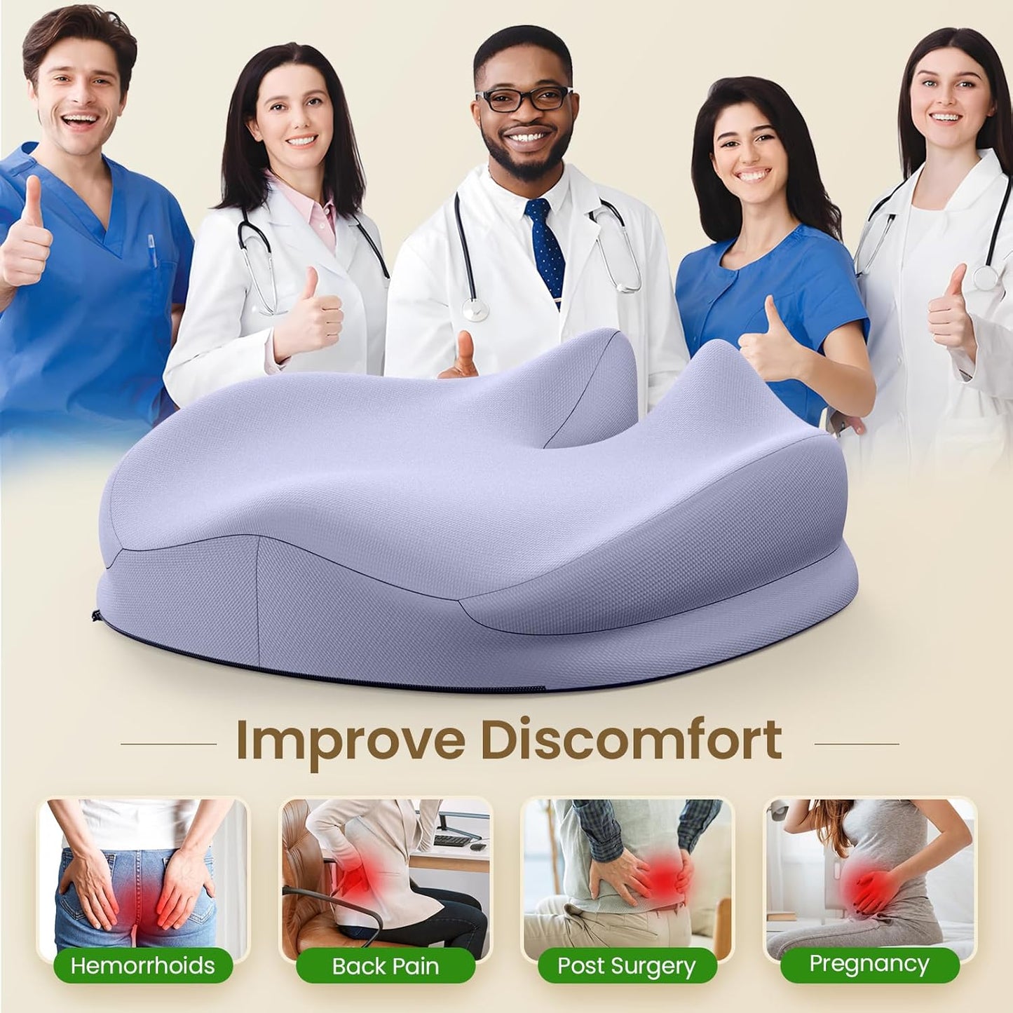 Benazcap Large Seat Cushion for Office Chair Memory Foam Coccyx Pain Relief Cushion Pillow for Back Support Non-Slip Seat Pad for Office Desk, Car Seat, Wheelchair, Sciatica-Blue