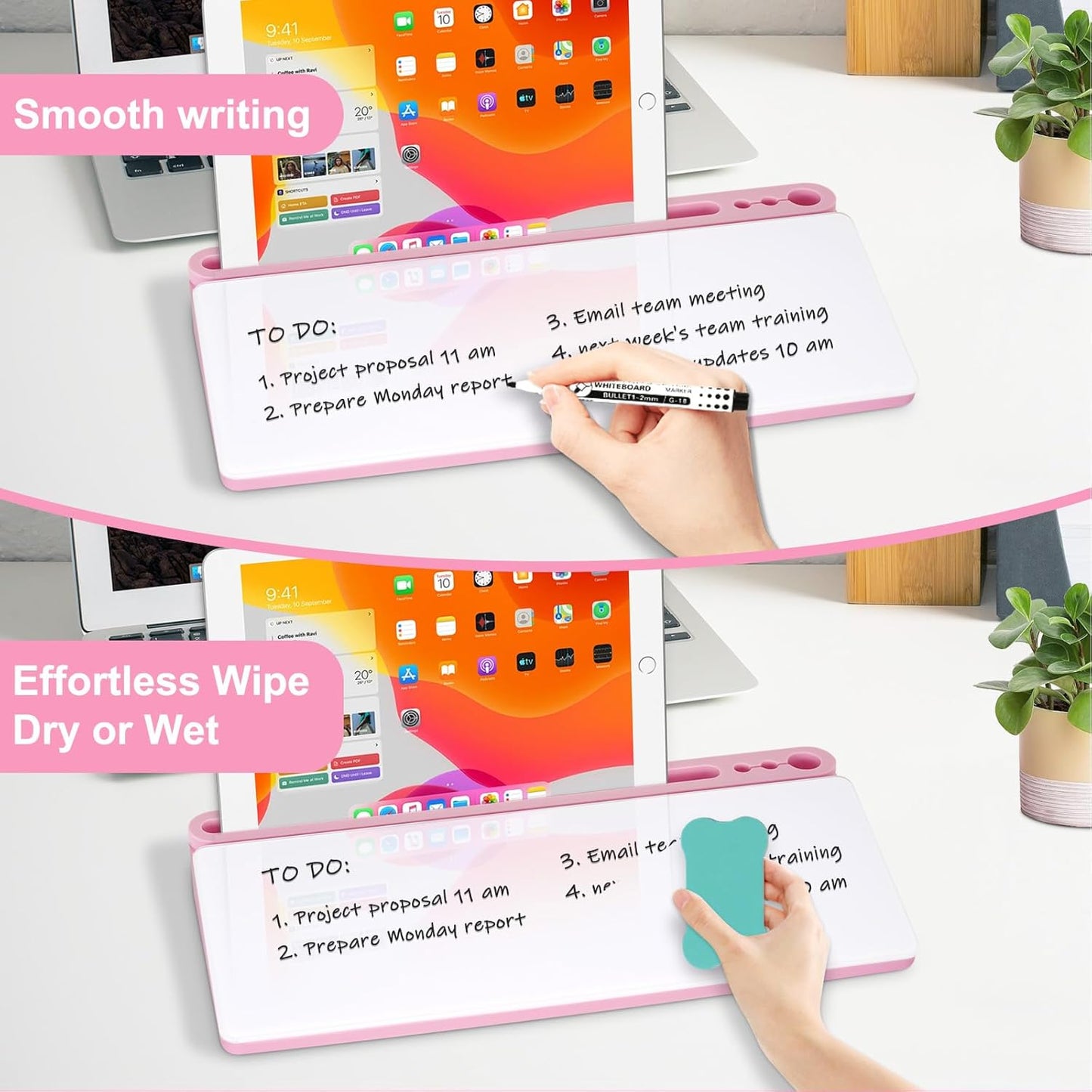 Desktop Glass Whiteboard with Storage, Pink Desk Dry Erase White Board with Computer Keyboard Stand, Desk Organizers and Accessories with Removable Cubicles for Office, Home, College, School