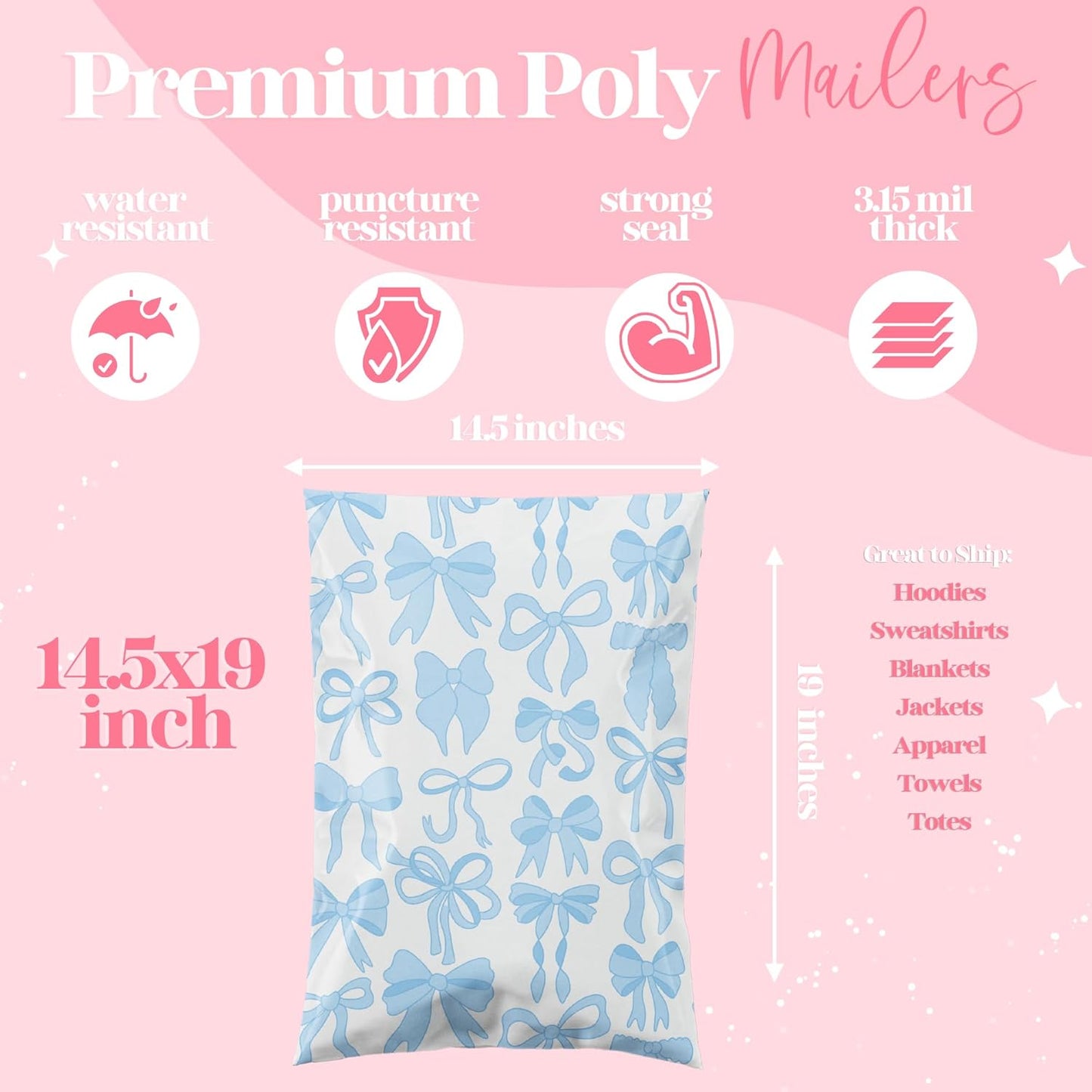 14.5x19 Designer Poly Mailer 100 Pack Heavy Duty Waterproof Self Seal Shipping Bags for Small Business Large Mailing Envelopes Bulk Tear Resistant Packaging Blue Bows