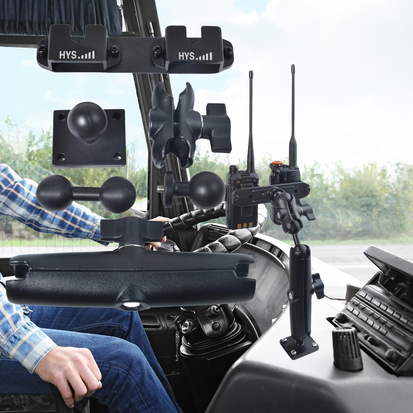 HYS Heavy Duty Drill Base Tablet Handheld CB Radio/Mic Holder Truck Mount, Aluminum 360° Adjustable 2-Stage Stand for Commercial Vehicles Car and Wall, for Handheld CB Radio&Mic with Clip/Round Knob