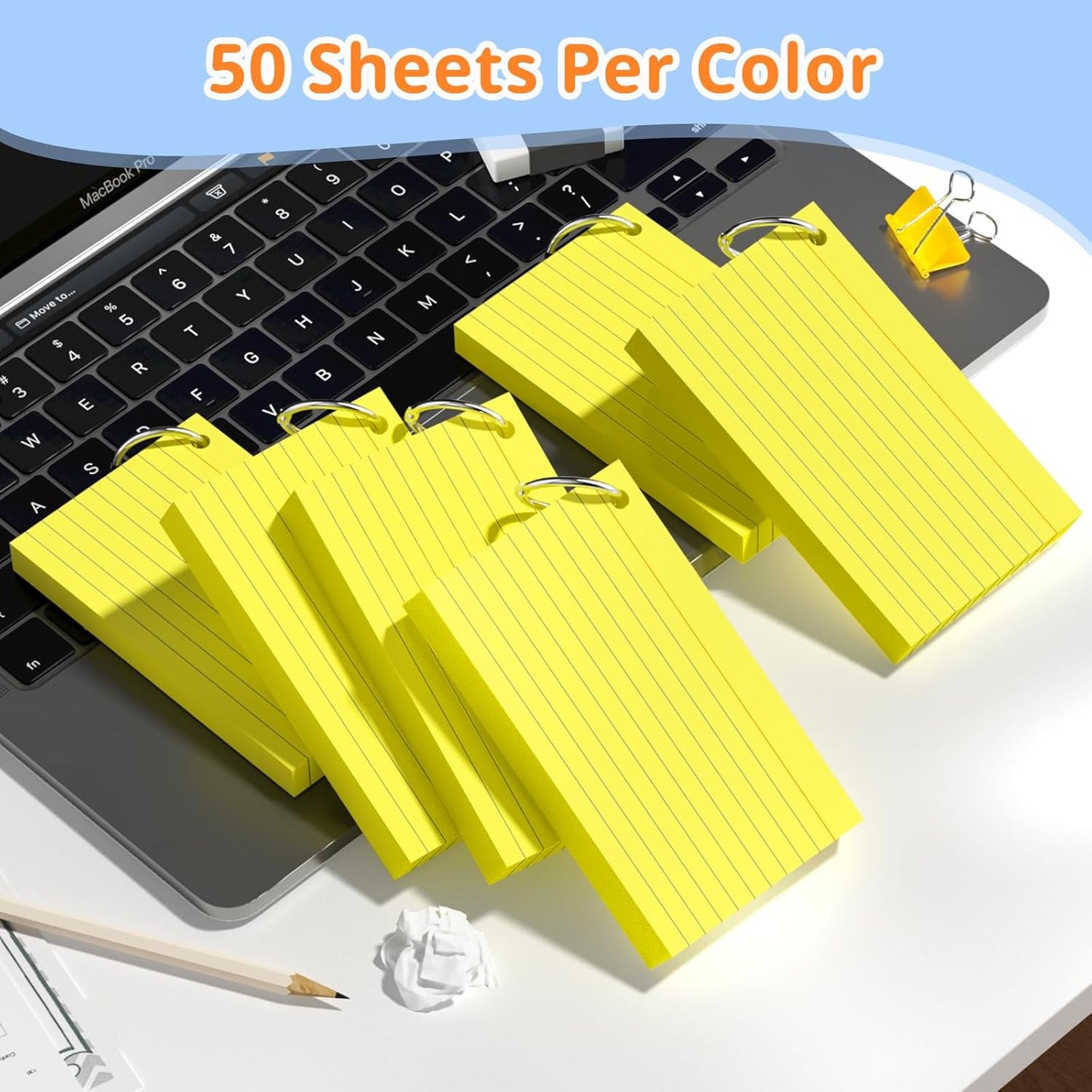 Index Cards 3x5 Inches, 300 PCS, Yellow Flash Cards With Ring, Punched Lined Study Card Ruled Flashcards Notecards, Ruled Front And Blank Back, Note Card for School, College And Home