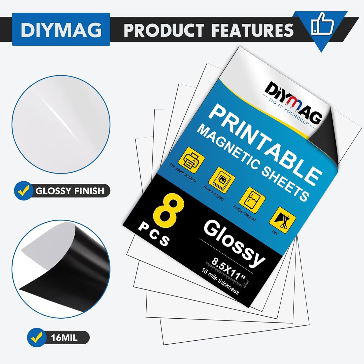 DIYMAG Printable Magnetic Sheets, 8Pcs 8.5 x 11 Inch Flexible Magnet Sheets Glossy Non Adhesive Magnetic Paper for Inkjet Printer Photo DIY Crafts