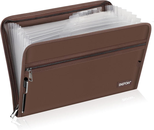 ENGPOW Accordion File Organizer,Fireproof 13 Pockets Expanding File Folder,Document Organizer Folder with Zipper＆Labels,Portable Home Travel Safe Storage for Letter A4 Files and More,Brown