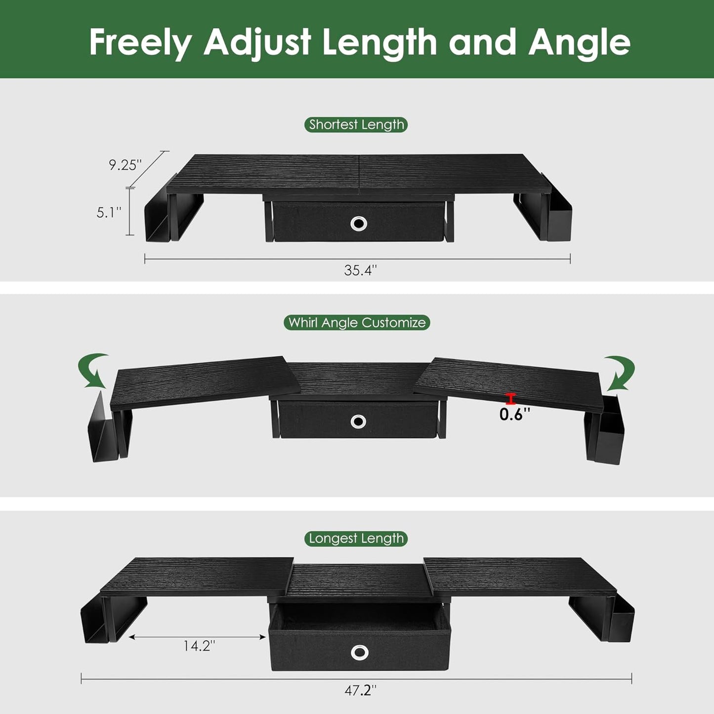 Dual Monitor Stand Riser w/ Drawer & Metal Leg, Large Computer Monitor Riser w/ Storage For 2 Monitors, Desk Shelf For Monitor w/ Adjustable Length & Angle, Desktop Organizer For Laptop/TV/Printer