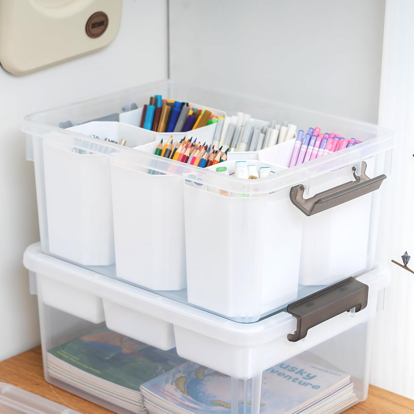 Citylife 17 QT Plastic Storage Box with Removable Tray and 6 Detachable Tall Inserts Craft Organizers and Storage Clear Storage Container for Organizing Crayon, Craft, Sewing, Playdoh, 2 Packs