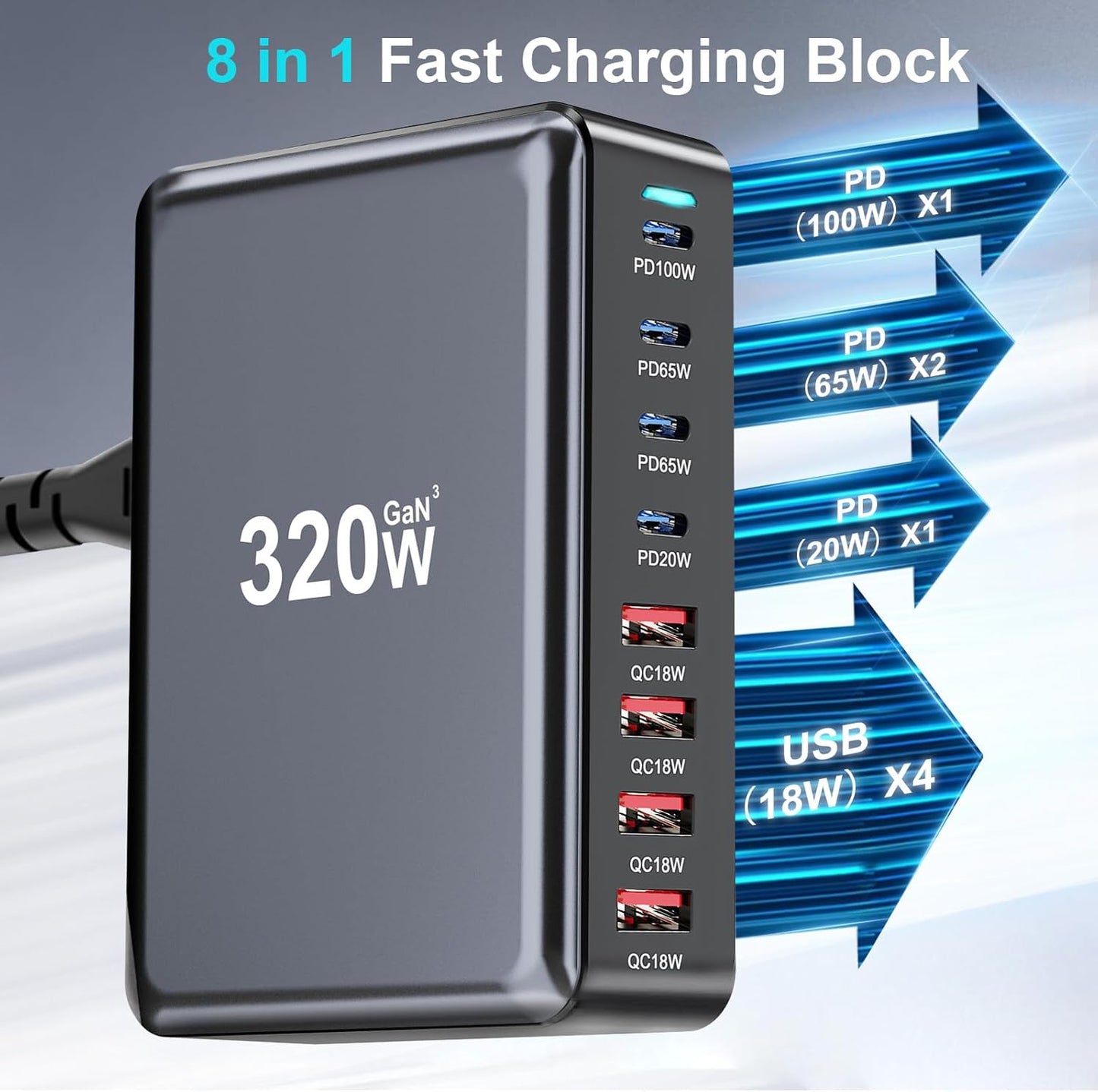 320W USB C Fast Charger Block, 8 Port USB Charging Station, GaN Ⅲ Pro 100W PD PPS Port Fast Charging Station Hub, Laptop Wall Charger Compatible with MacBook/iPhone 16/iPad/Galaxy S23/22 etc