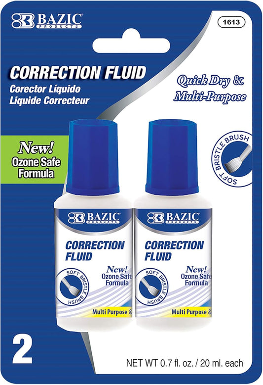 BAZIC Correction Fluid (0.7 oz / 20 ml), Soft Bristle Brush Applicator, Instant Corrections Pen White Out Wipe Out Liquid (2/Pack), 1-Pack
