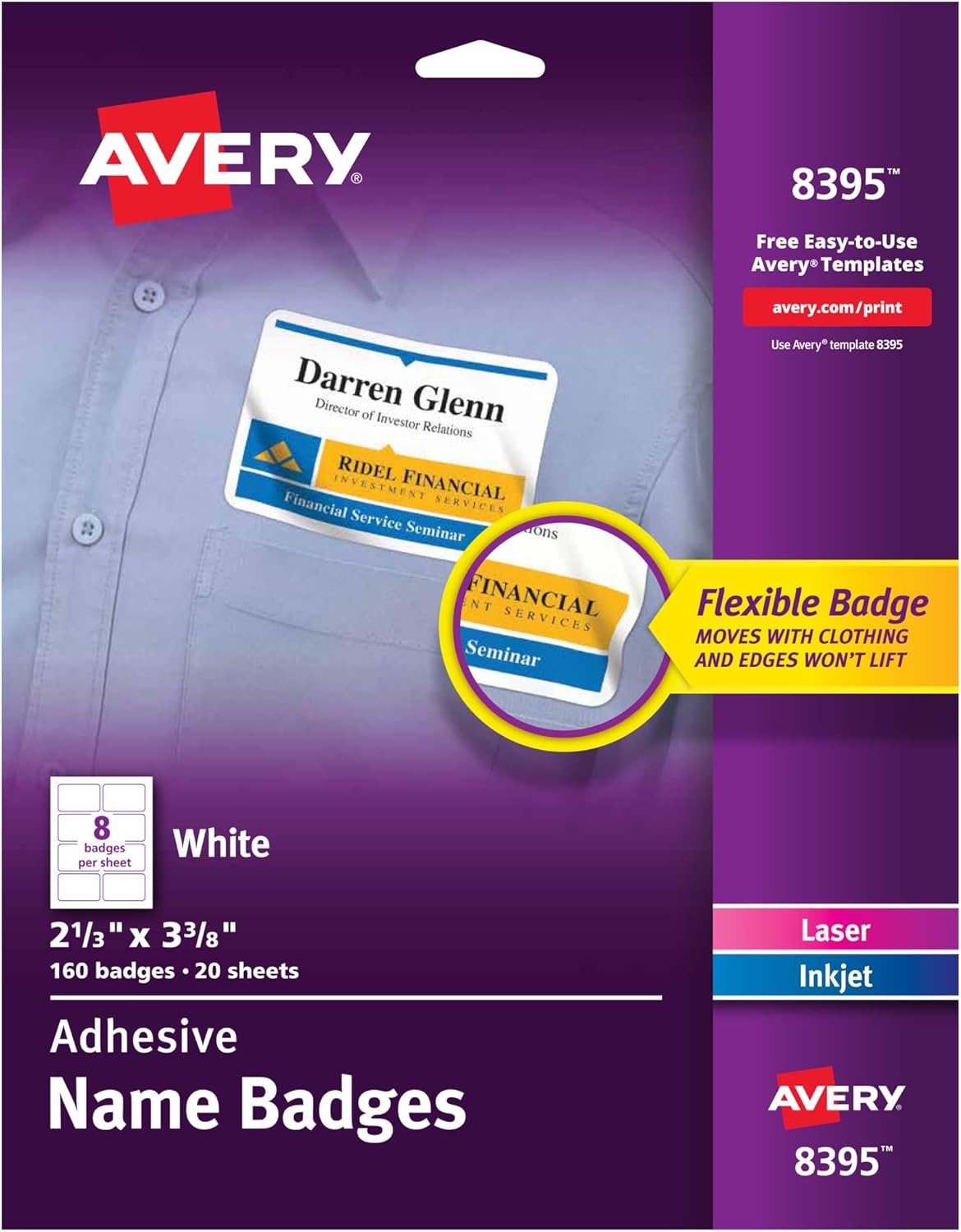 Avery Flexible Printable Name Tags, 2-1/3" x 3-3/8", Matte White, 160 Removable Name Badges (8395)