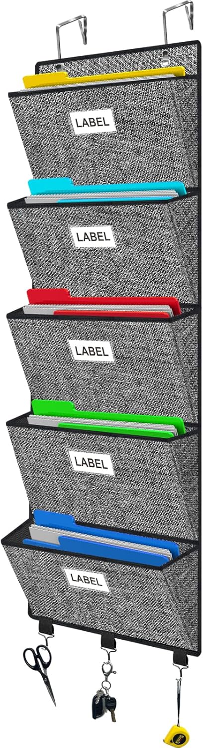 Homyfort Over the Door File Organizer, Hanging Wall File Folders with 5 Large Pockets for Papers, Charts, Mails, Magazine, Office and Back To Supplies Storage and Organization (Black)