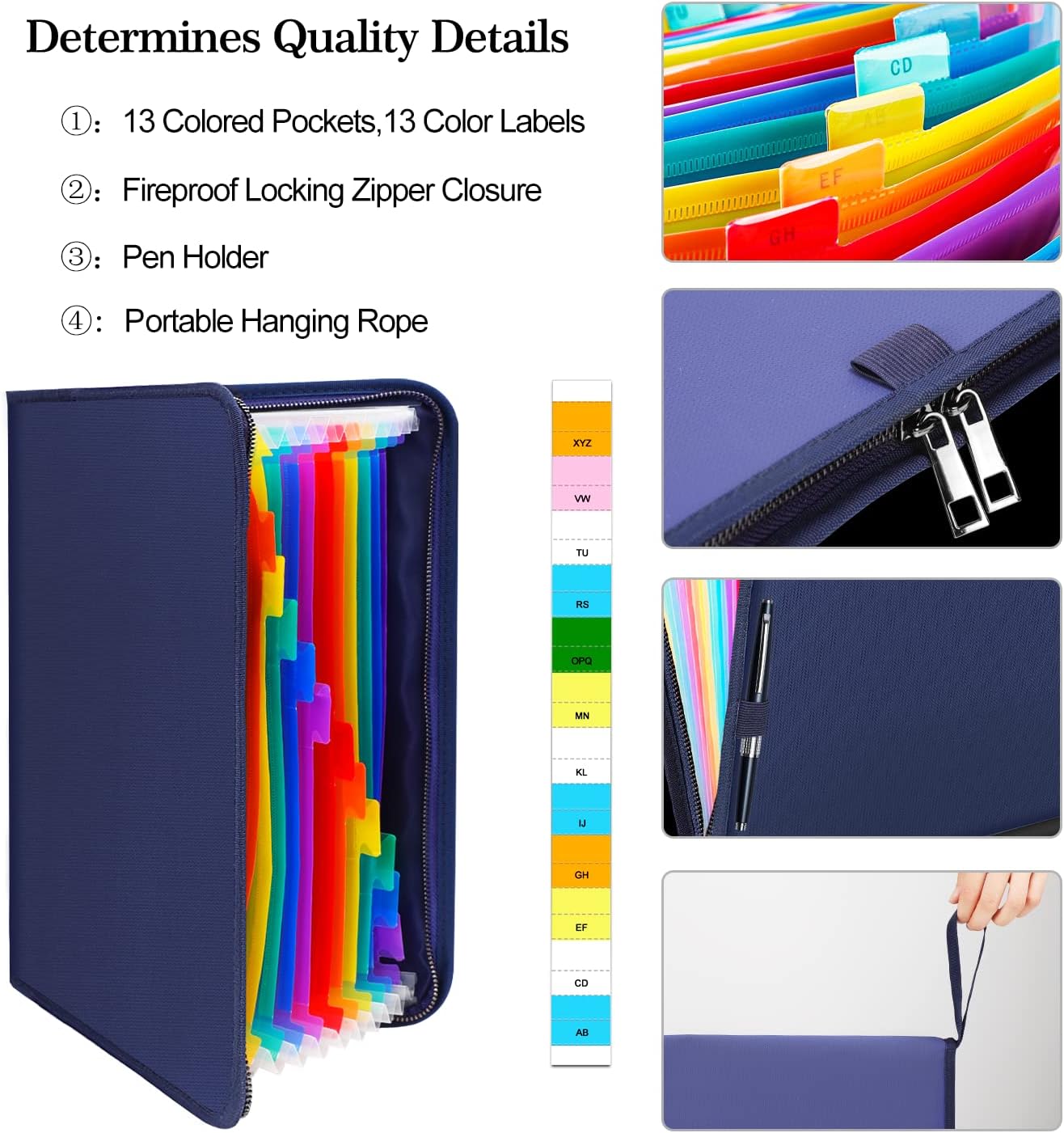 ENGPOW 13 Pocket Expanding File Folder,Fireproof Accordion File Folder Document Organizer with Zipper Closure,Portable Filing Organizer Safe with Colorful Tabs for A4/Letter Size Paper,Files(Blue)