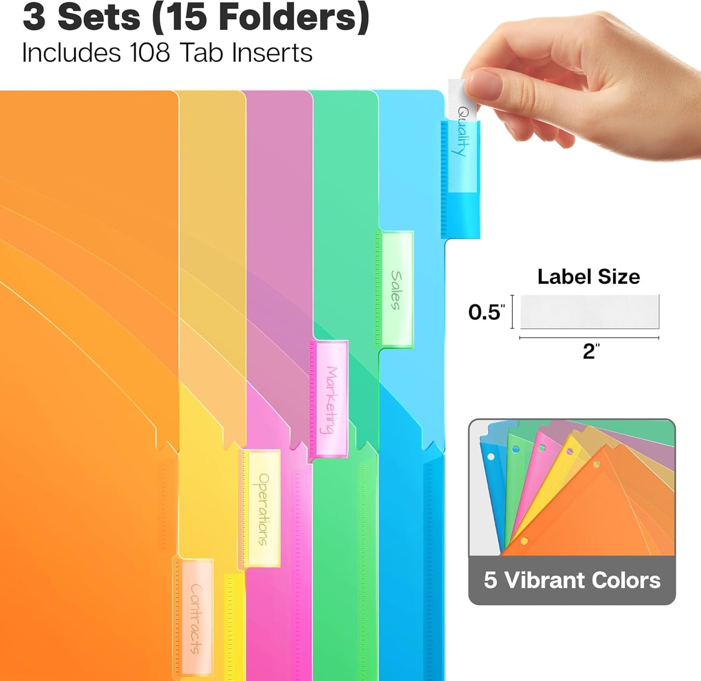 Dunwell 5-Tab Dividers with Pocket for 3-Ring Binders (3 Sets, 15 Count), Plastic One Pocket Dividers with Tabs, Slash File Jackets 3 Hole Punched for 8.5x11 Paper, Poly Pocket Notebook Dividers