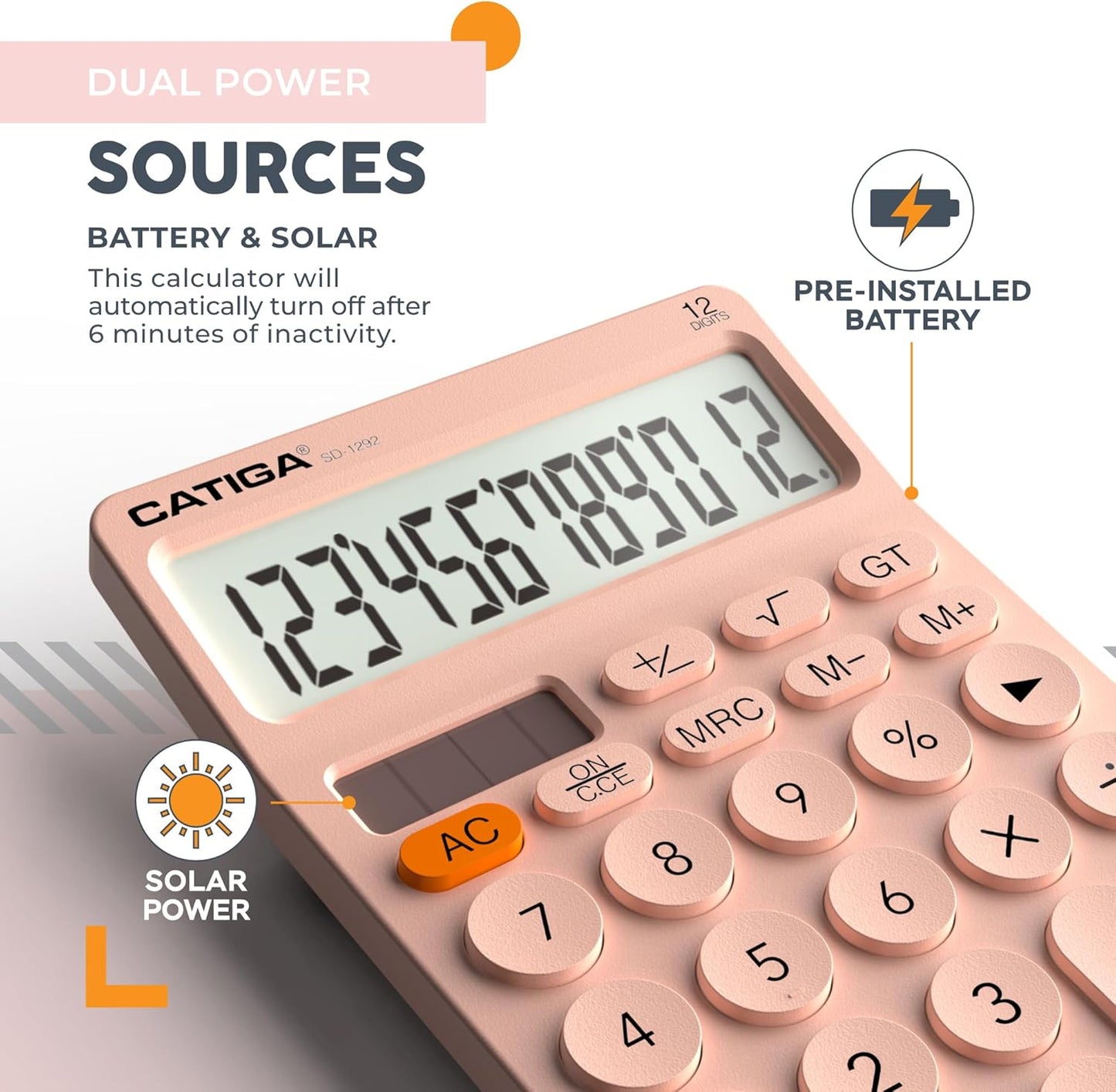 CATIGA 12 Digit Desktop Calculator Basic Desk Calculator with Large LCD Display, Big Buttons, 4 Function, Solar and Battery Dual Power, for Office, School, Home, SD-1292 Pink
