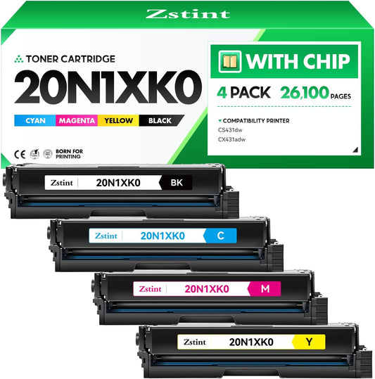 20N1XK0 20N1XC0 20N1XY0 20N1XM0 Toner Cartridge Set（4-Pack with chip）High Yield Replacement for Lexmark 20N1XK0 Toner Compatible with Lexmark Color CS431dw CX431adw CS431 CX431 Laser Printer (B/C/M/Y)