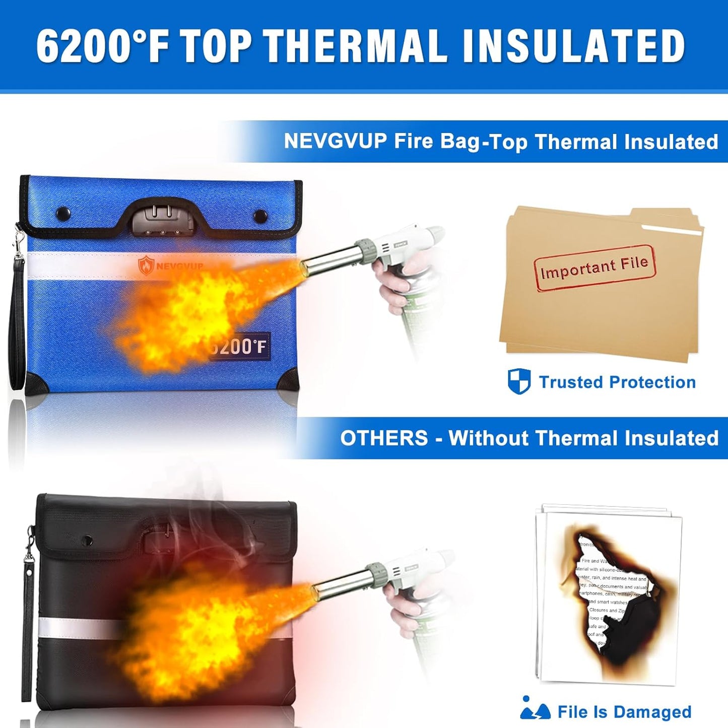 6200F Fireproof Money Bag with Lock, Upgraded A5 Document Bag w/ Zipper/Reflective Strip, 9 Layers Heat Insulated, Water Resistant