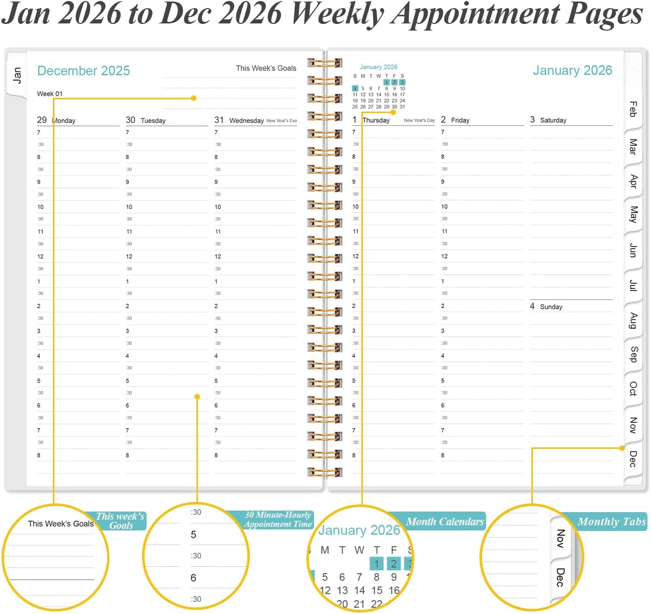 2026 Appointment Book & Planner - 2026 Daily Hourly Planner from January 2026 - December 2026, Weekly Appointment Book with 30-Minute Interval, Medium 6.4" x 8.5", Flower-C