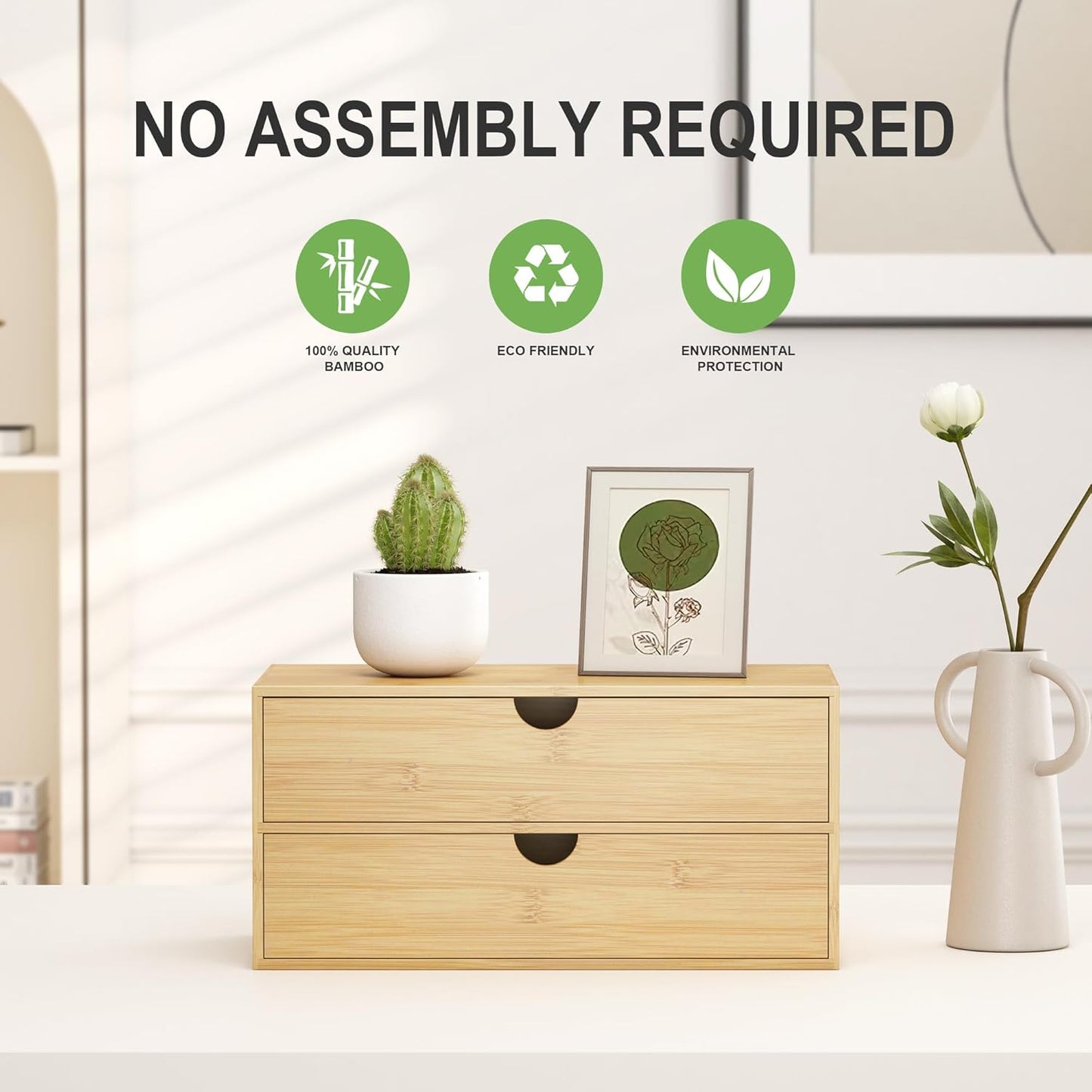 Bamboo Desk Organizer with Drawers - Small Desktop Storage Container for Countertop & Tabletop - No Assembly Required